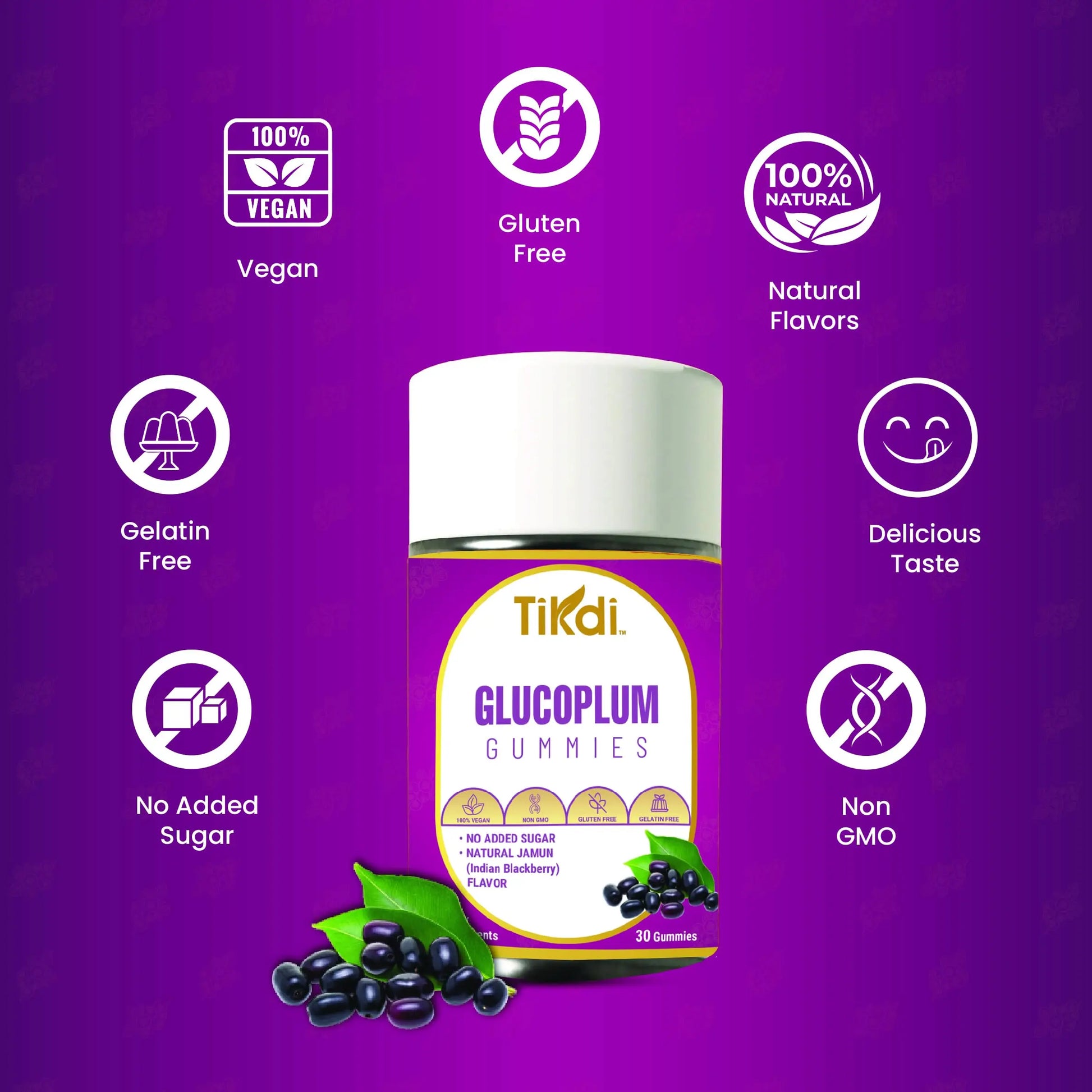 TIKDI GlucoPlum Gummy - 30 Count - Supports Healthy Blood Sugar Levels Already Within Normal Range. All Natural with Indian BlackBerry, Fenugreek, Cinnamon, Vegan, No Added Sugar TIKDInz supplements