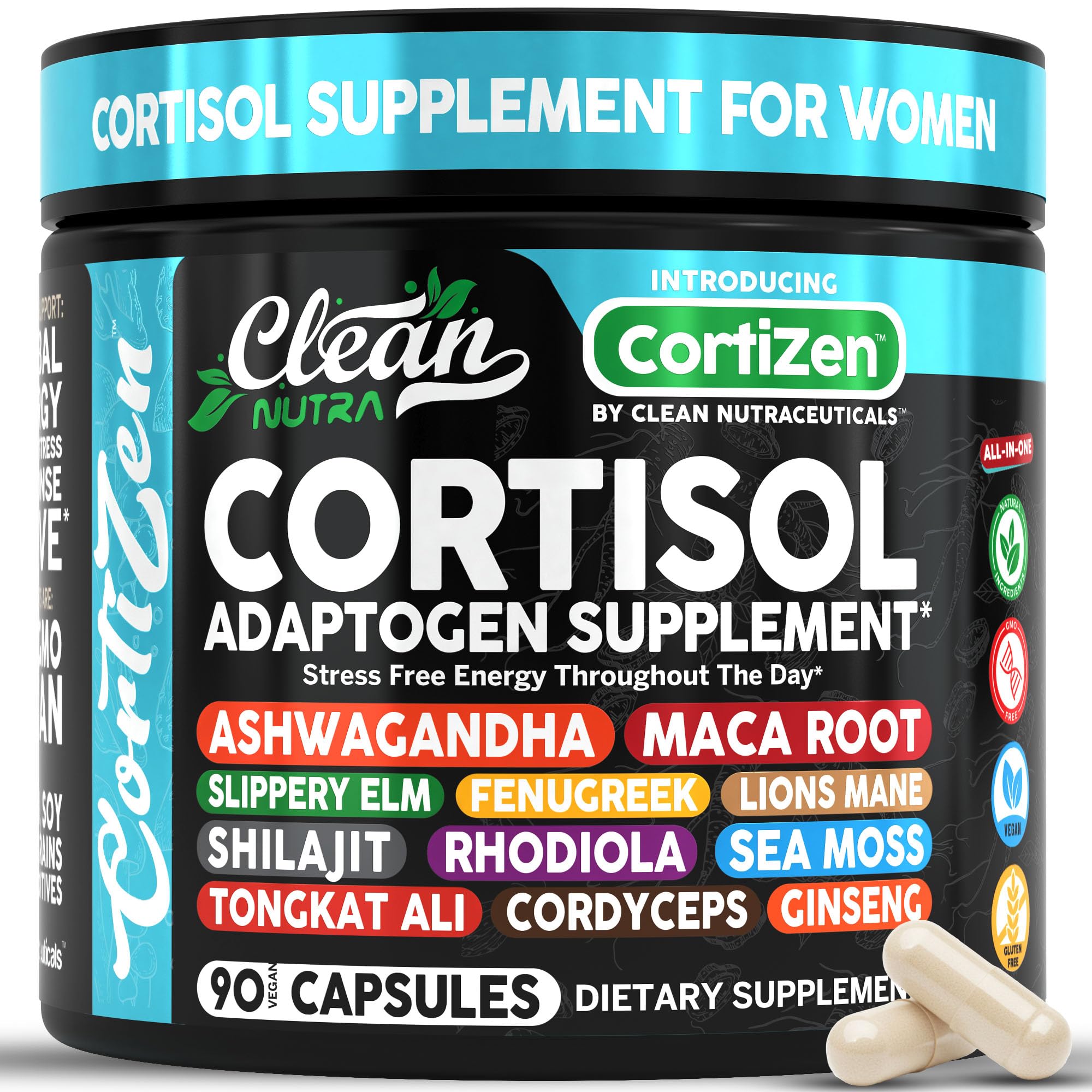 Clean Nutra Cortisol Supplements For Women | Maca Root Ashwagandha Cortisol Detox Manager Reducer + Slippery Elm Fenugreek Lions Mane Shilajit Rhodiola Sea Moss Tongkat Ali Cordyceps Ginseng Beet Root Clean NutraceuticalsAu supplements