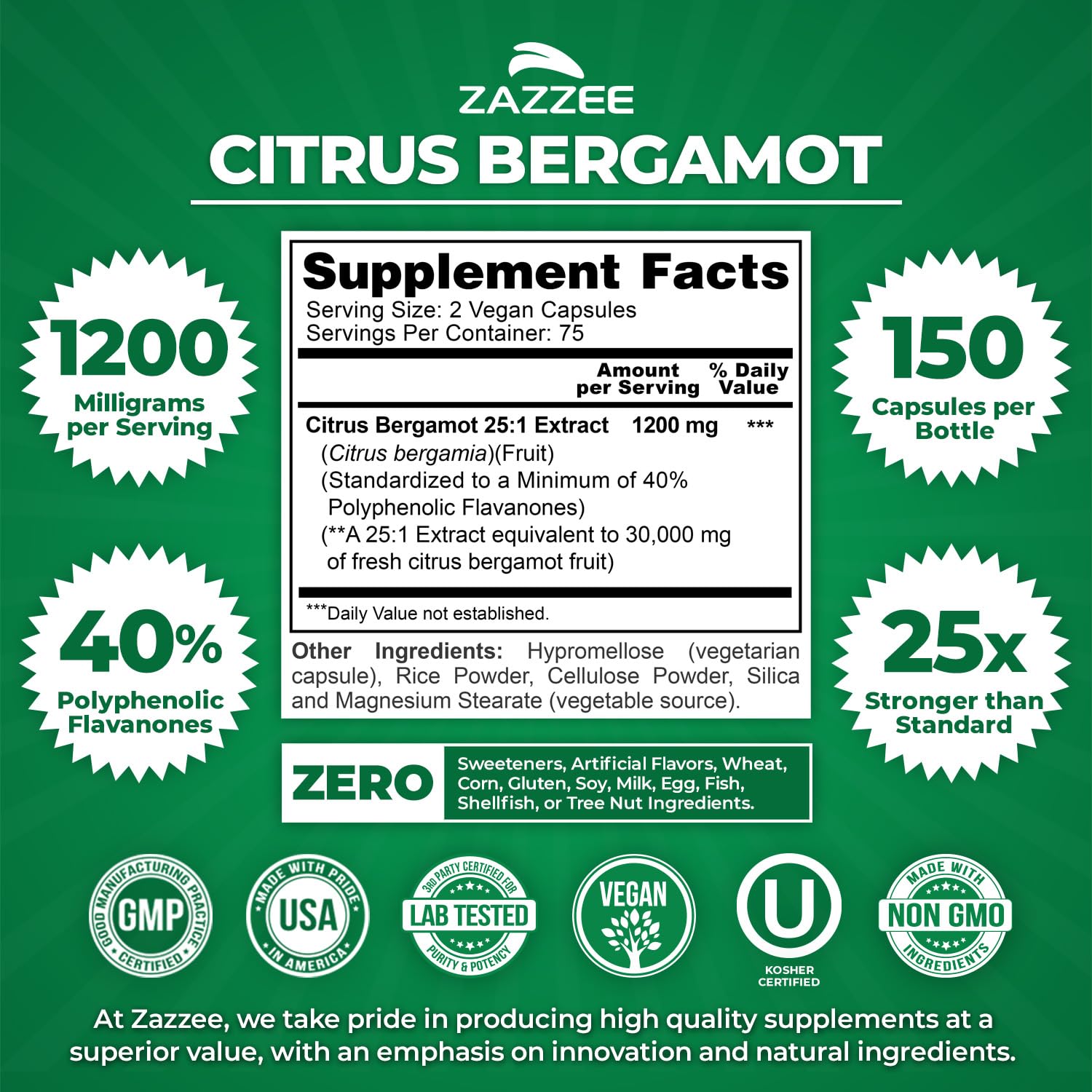 Zazzee Citrus Bergamot 25:1 Extract, 1200 mg Per Serving, 40% Polyphenolic Flavanones, 150 Vegan Capsules, 5 Month Supply, Citrus Bergamia, Antioxidant Support, Certified Kosher, Non-GMO, Made in USA ZazzeeAu supplements