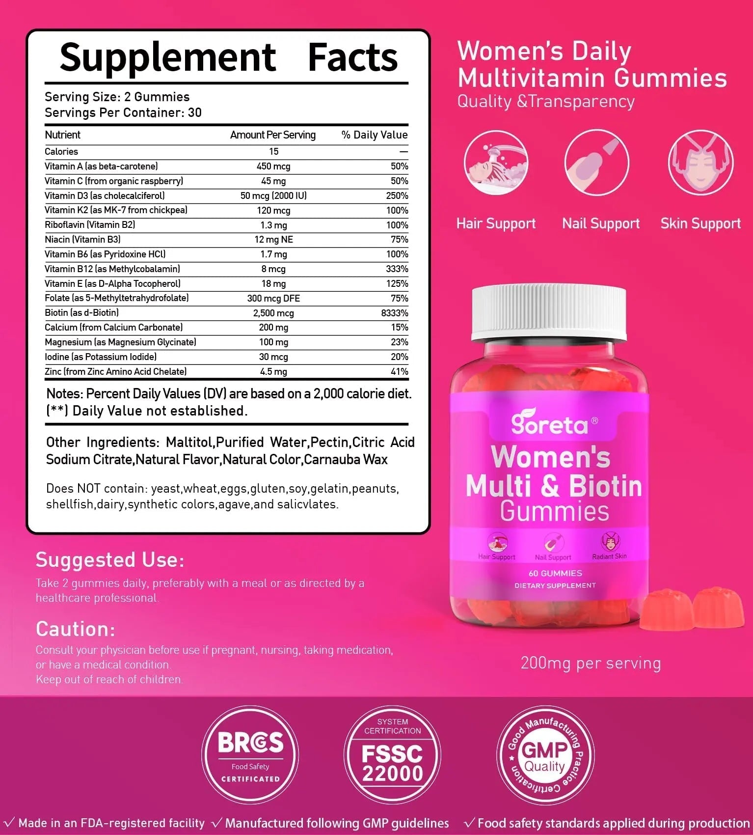 Goreta Women’s Multivitamin Gummies with Biotin 2,500 mcg – 15 Key Nutrients, Sugar-Free Mixed Berry, Pectin-Based, 60 Count GoretaAu supplements
