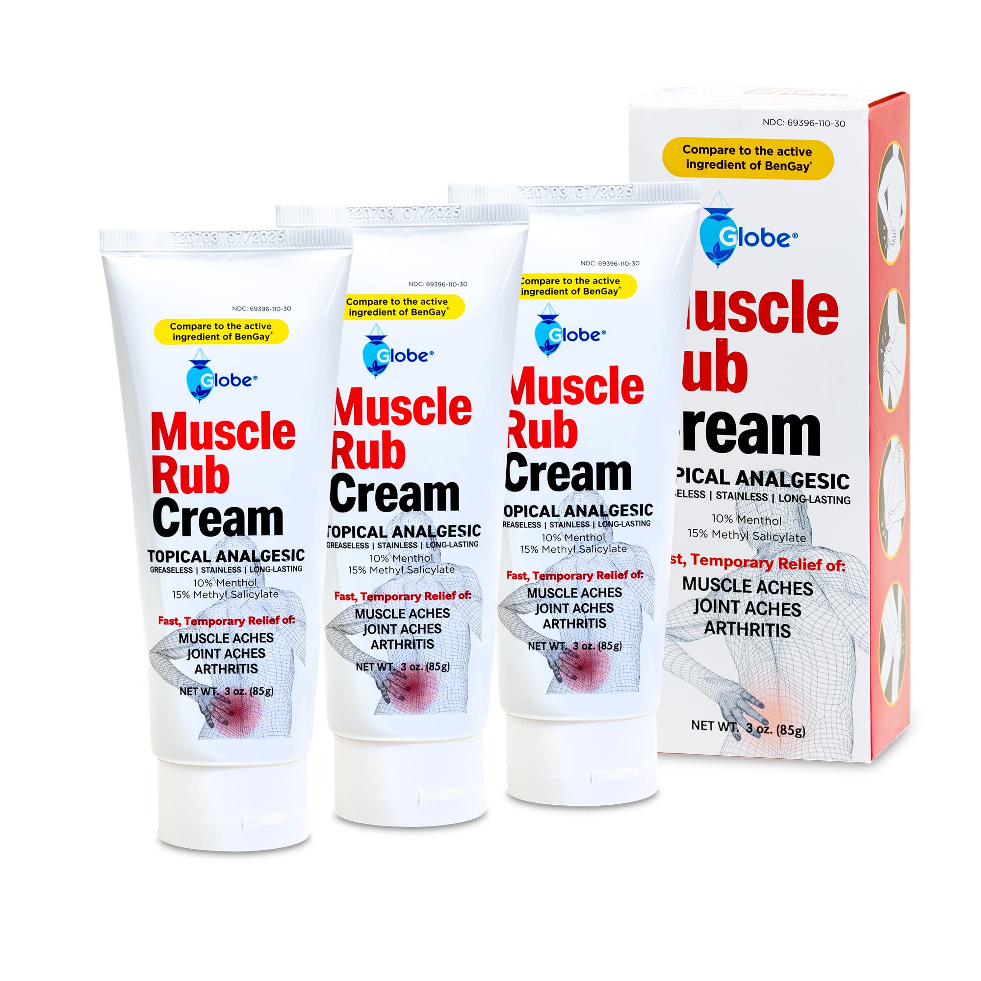 (3 Pack) Globe Ultra Strength Greaseless Muscle Rub Cream (3 oz). Compare to The Active Ingredients of Greaseless Bengay, 10% Menthol & 15% Methyl Salicylate (3 Pack) GlobeAu supplements