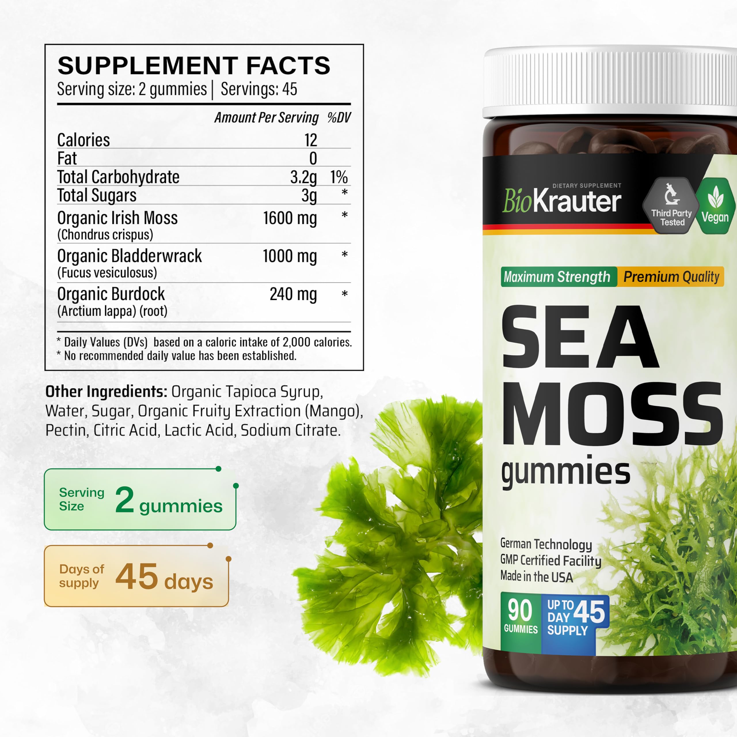 BIO KRAUTER® 3-in-1 Sea Moss for Thyroid Support - Vegan Sea Moss Gummies with Bladderwrack & Burdock Root for Women & Men - 90 Gummies Chondrus Crispus Formula, 45 Days of Supply, Mango Flavor BIO KRAUTERAu supplements