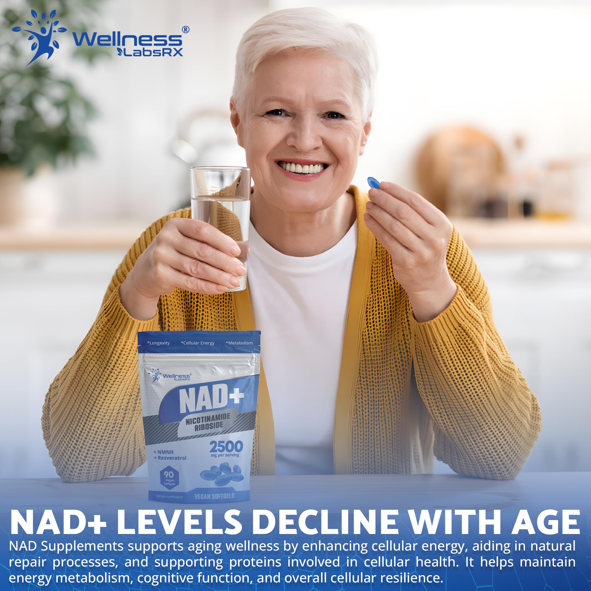 WELLNESS LABSRX NAD+ Supplement - Third-Party Tested NMNH Supplement Softgels, NAD Resveratrol 2500mg NAD Supplements for Anti-Aging, Longevity, and Cellular Health Support - Made in USA WELLNESS LABSRXAu supplements