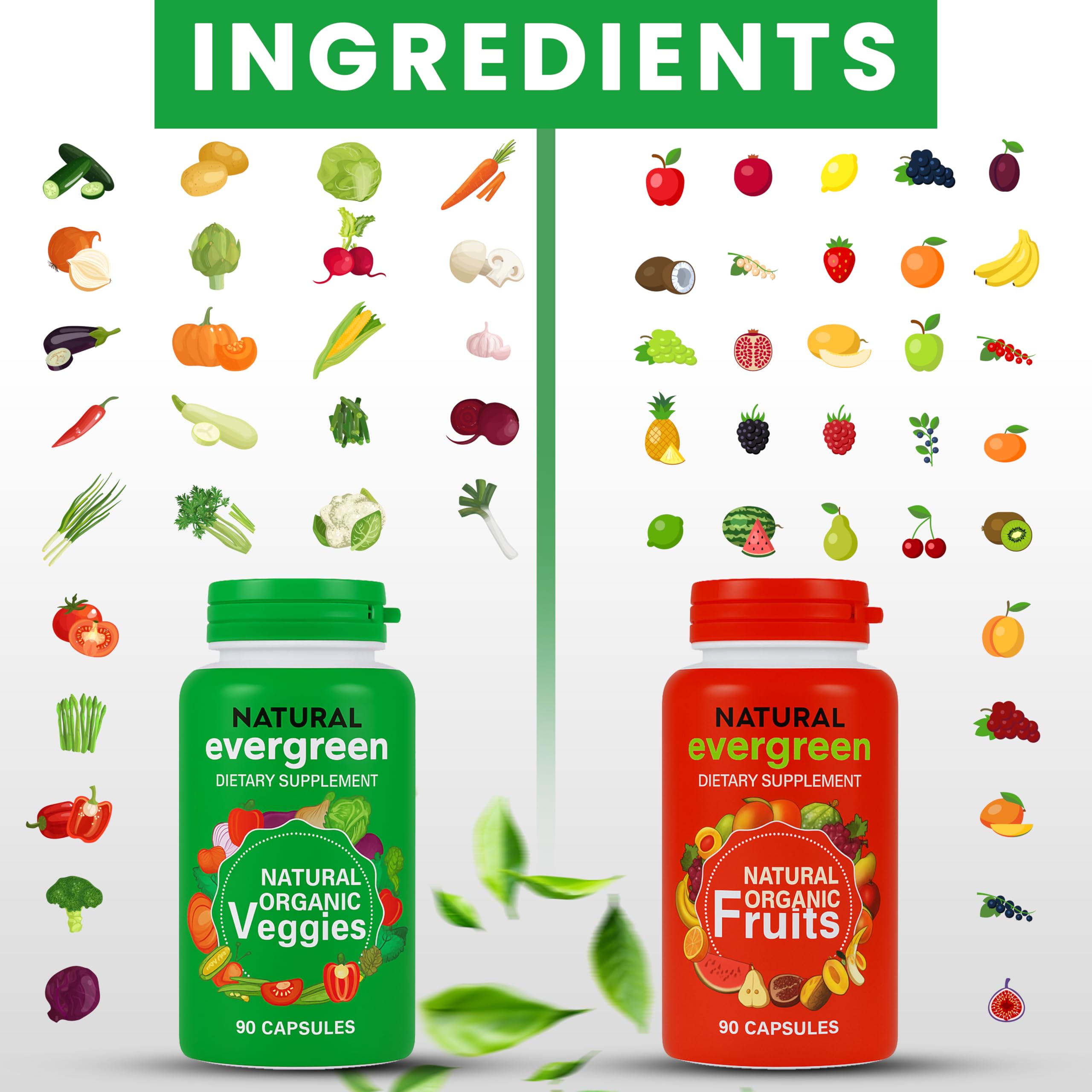 Fruit and Veggies Supplement – 100% Natural Super Greens Blend with Fruits & Vegetables | Veggie Capsules for Adults & Kids | Daily Nutrient Support Packed with Natural Vitamins & Minerals Natural EvergreenAu supplements