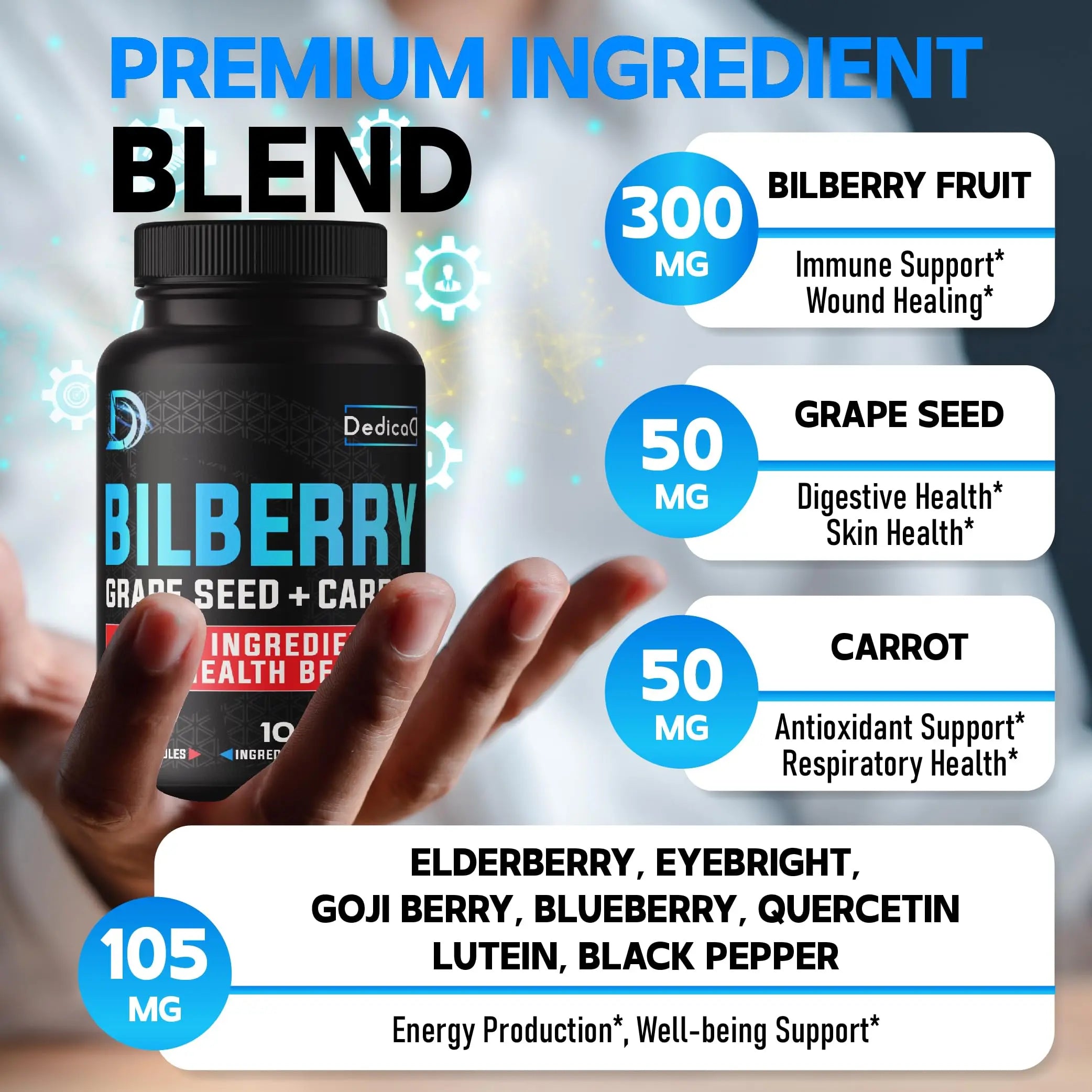 DEDICAD 20:1 Bilberry Extract Capsules - 5 Month Supply - Support Eyes, Vision & Heart Health - 10in1 Plus Grape Seed, Carrot, Elderberry, Eyebright & Others - 150 Counts DEDICADnz supplements