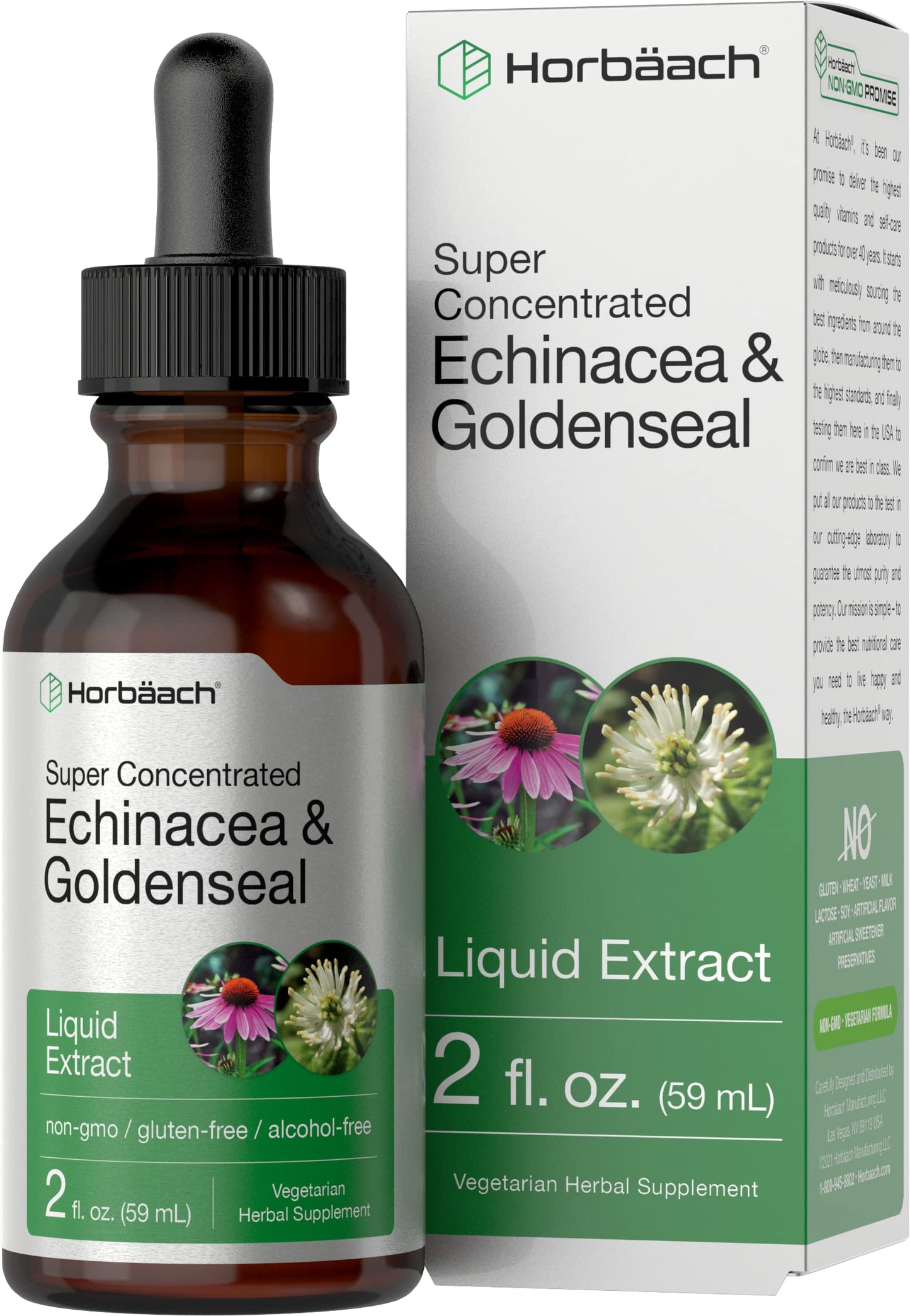 Echinacea Goldenseal Liquid Extract | 2 fl oz | Alcohol Free Tincture Drops | Vegetarian HorbäachUS supplements
