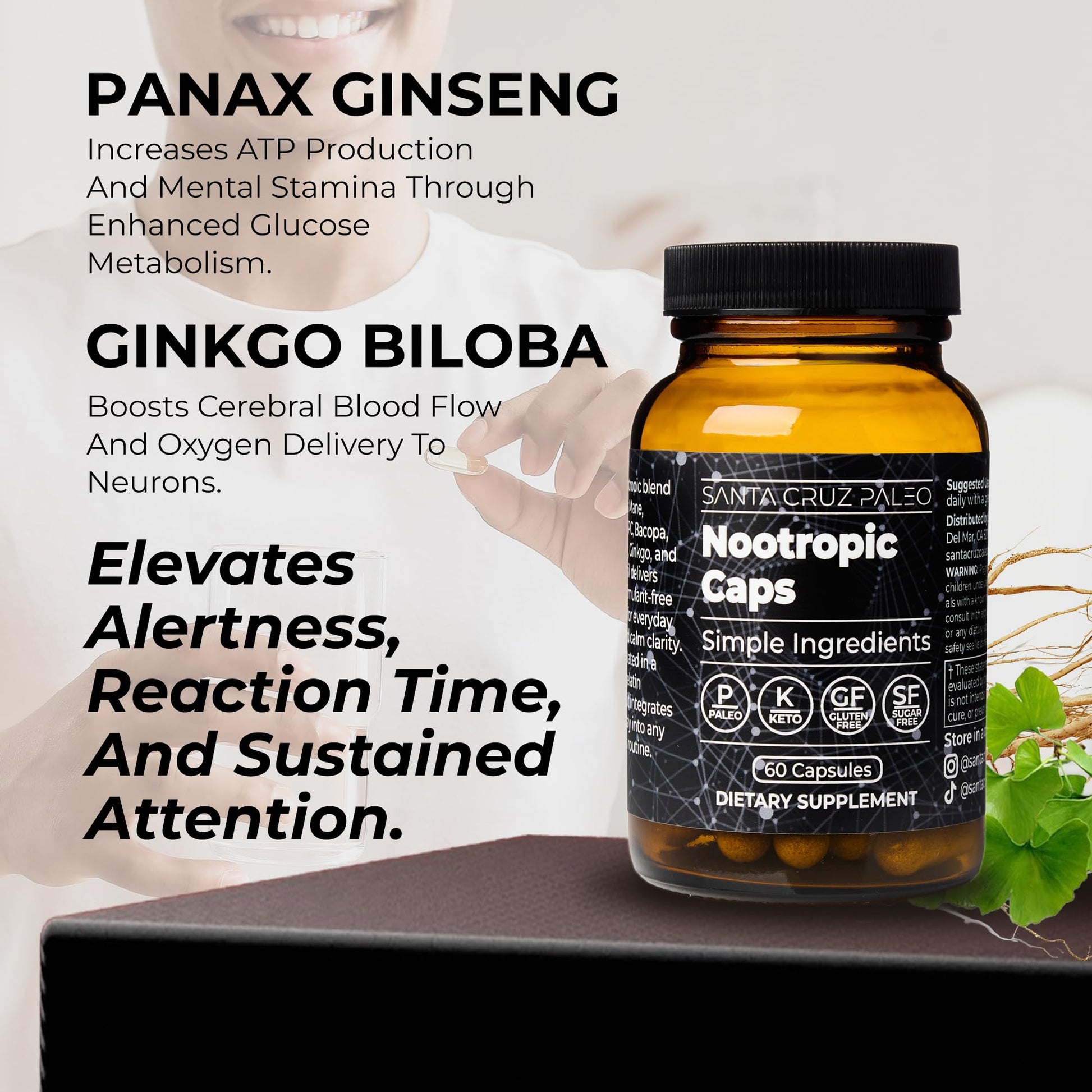Santa Cruz Paleo Nootropic Capsules – Lions Mane, Alpha GPC, Panax Ginseng & Ginkgo Biloba for Focus, Memory, Mental Clarity & Energy – Keto, Paleo, Gluten Free Brain Supplement, 60 Caps Santa Cruz PaleoAu supplements