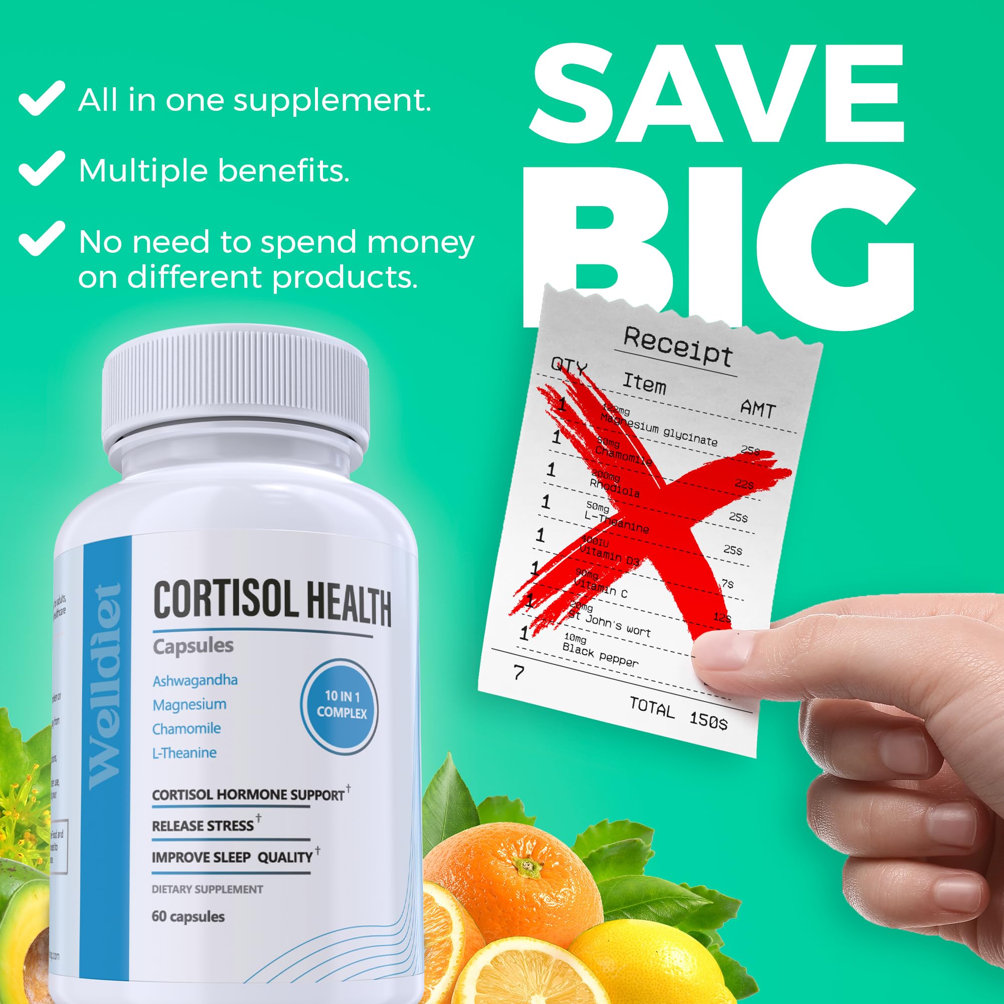 10-in-1 Cortisol Supplements with Magnesium, Ashwagandha, Chamomile, L-Theanine, St. John's Wort, Rhodiola, 60 Capsules, Cortisol Supplements For Women -& Men, Cortisol Reducer, High cortisol WelldietAu supplements