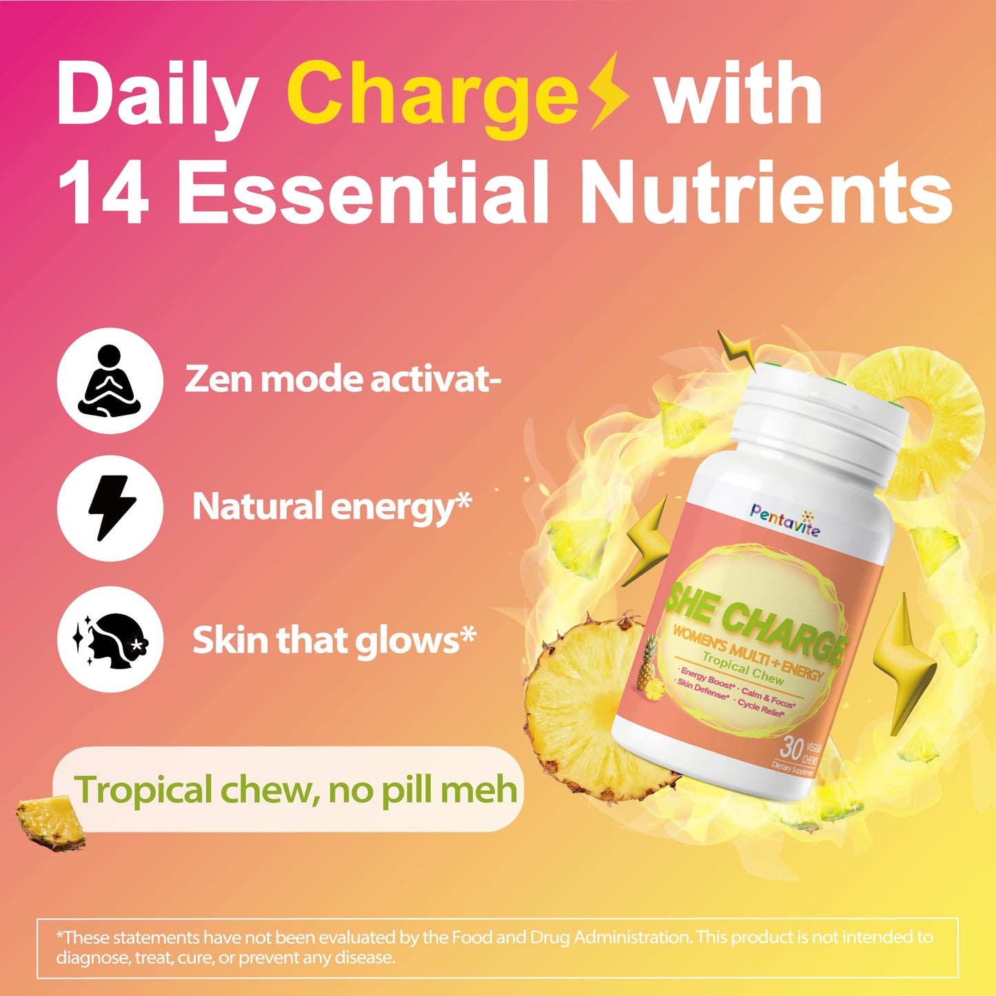 Pentavite She Charge Multivitamin for Women, Pineapple Tropical Chew, Daily Vitamin Supplements with Folate, Support Energy, Calm & Focus, Skin Defense and Cycle PentaviteUS supplements