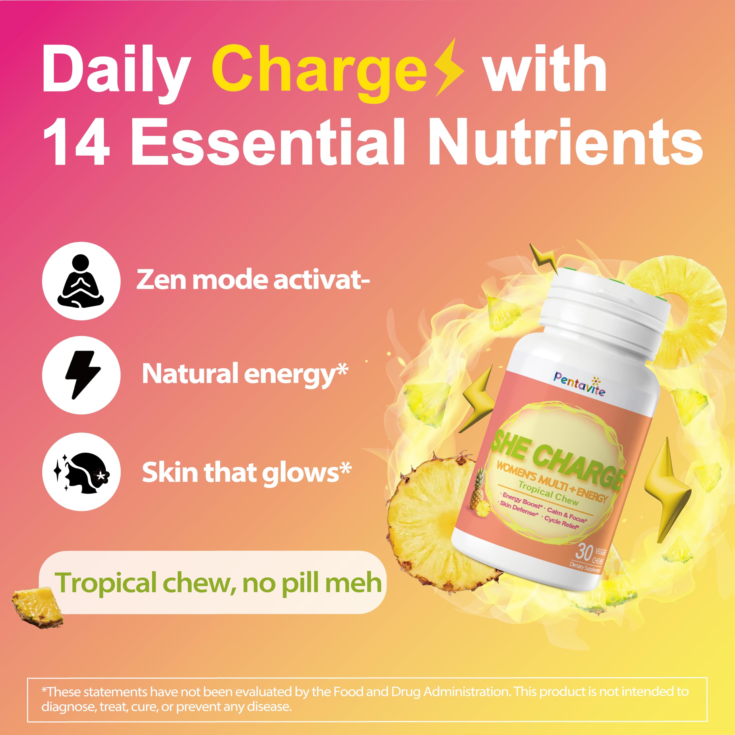 Pentavite She Charge Multivitamin for Women, Pineapple Tropical Chew, Daily Vitamin Supplements with Folate, Support Energy, Calm & Focus, Skin Defense and Cycle PentaviteUS supplements