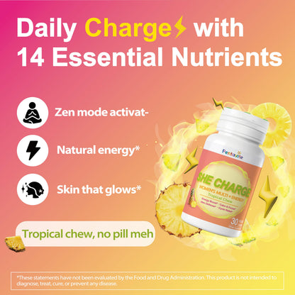 Pentavite She Charge Multivitamin for Women, Pineapple Tropical Chew, Daily Vitamin Supplements with Folate, Support Energy, Calm & Focus, Skin Defense and Cycle PentaviteUS supplements