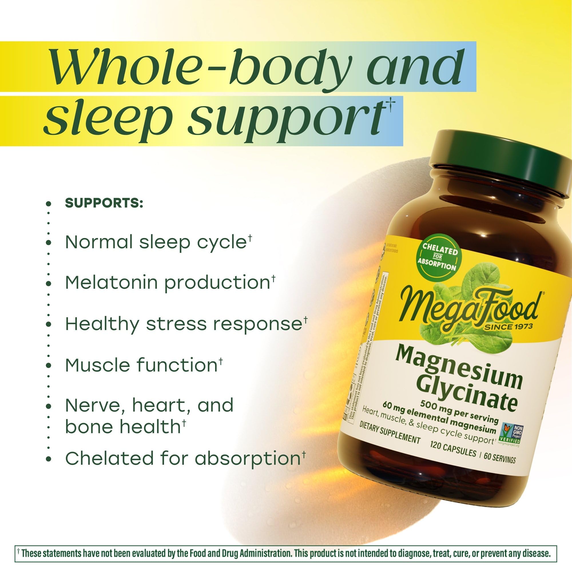 MegaFood Magnesium Glycinate 500mg - Chelated Magnesium Supplement - 60mg Elemental Magnesium - Gentle on the Stomach - Supports Normal Sleep Cycle & Healthy Stress Response - 120 Capsules 60 Servings MegaFoodAu supplements