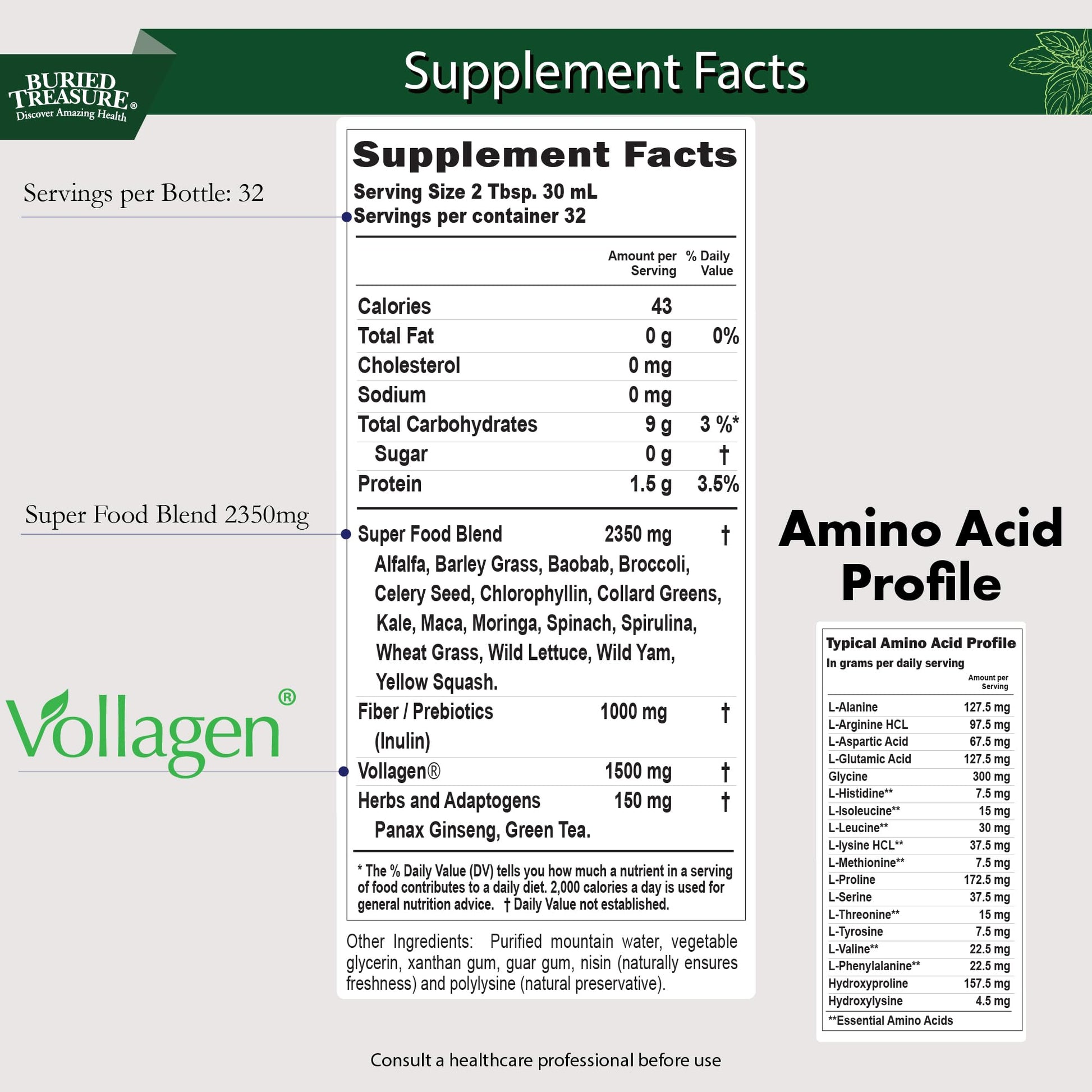 Buried Treasure Green20 Fusion – Superfood Blend with Vollagen for Skin, Hair, and Joint Support, Plant-Based, Vegan, Non-GMO Gluten-Free, Dairy-Free, Soy-Free, 32oz Liquid Buried TreasureAu supplements