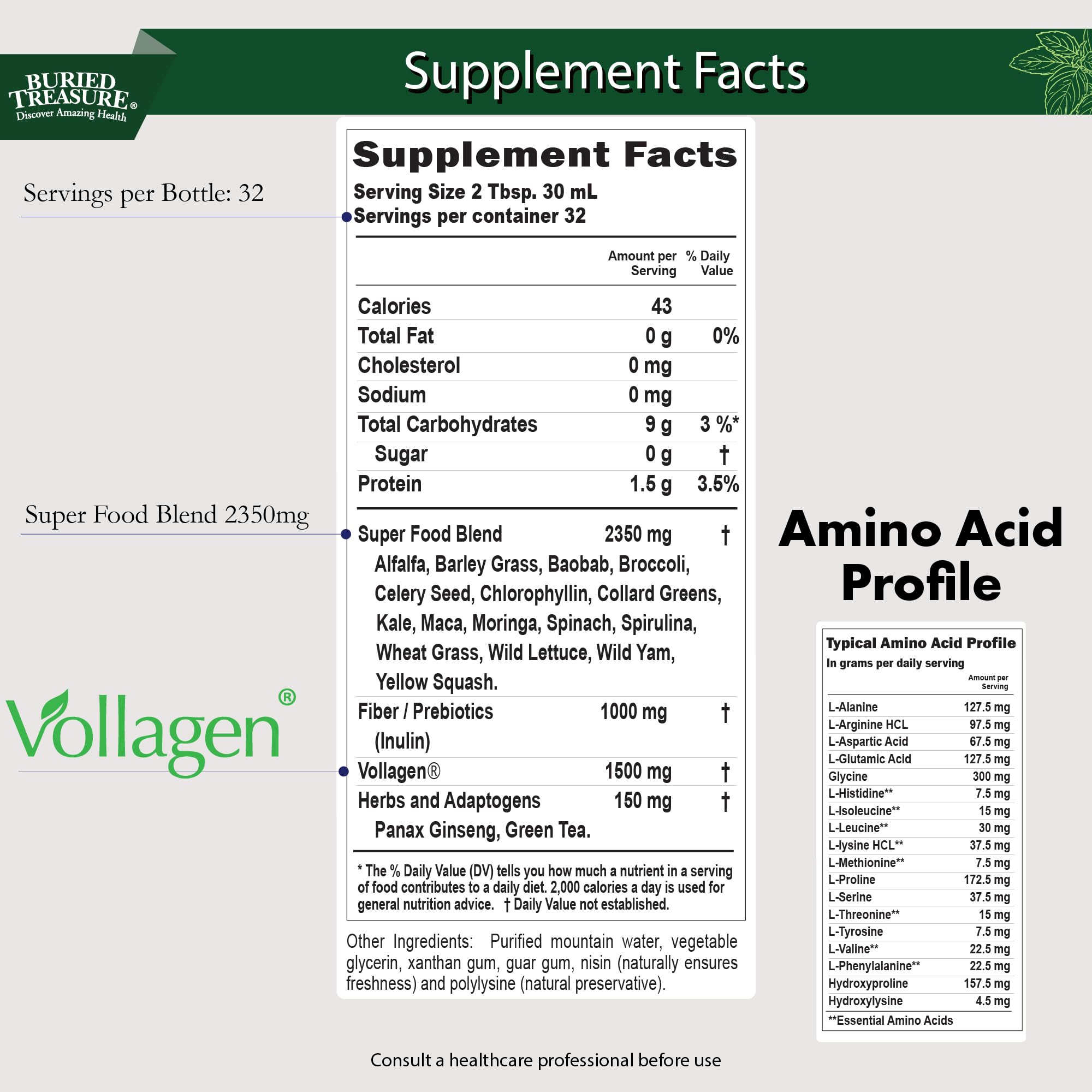 Buried Treasure Green20 Fusion – Superfood Blend with Vollagen for Skin, Hair, and Joint Support, Plant-Based, Vegan, Non-GMO Gluten-Free, Dairy-Free, Soy-Free, 32oz Liquid Buried TreasureAu supplements