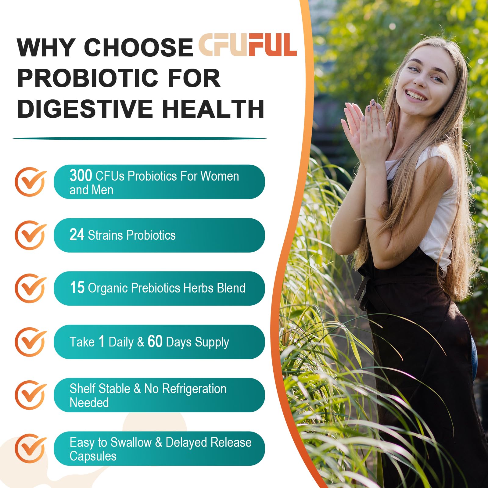 Probiotics for Women & Men - 300 Billion CFU, 24 Strains Probiotic + 15 Organic Herbs Prebiotics Blend, for Overall Digestive Gut Health, Immune, Constipation & Bloating, Shelf Stable - 4 Month Supply CfufulAu supplements