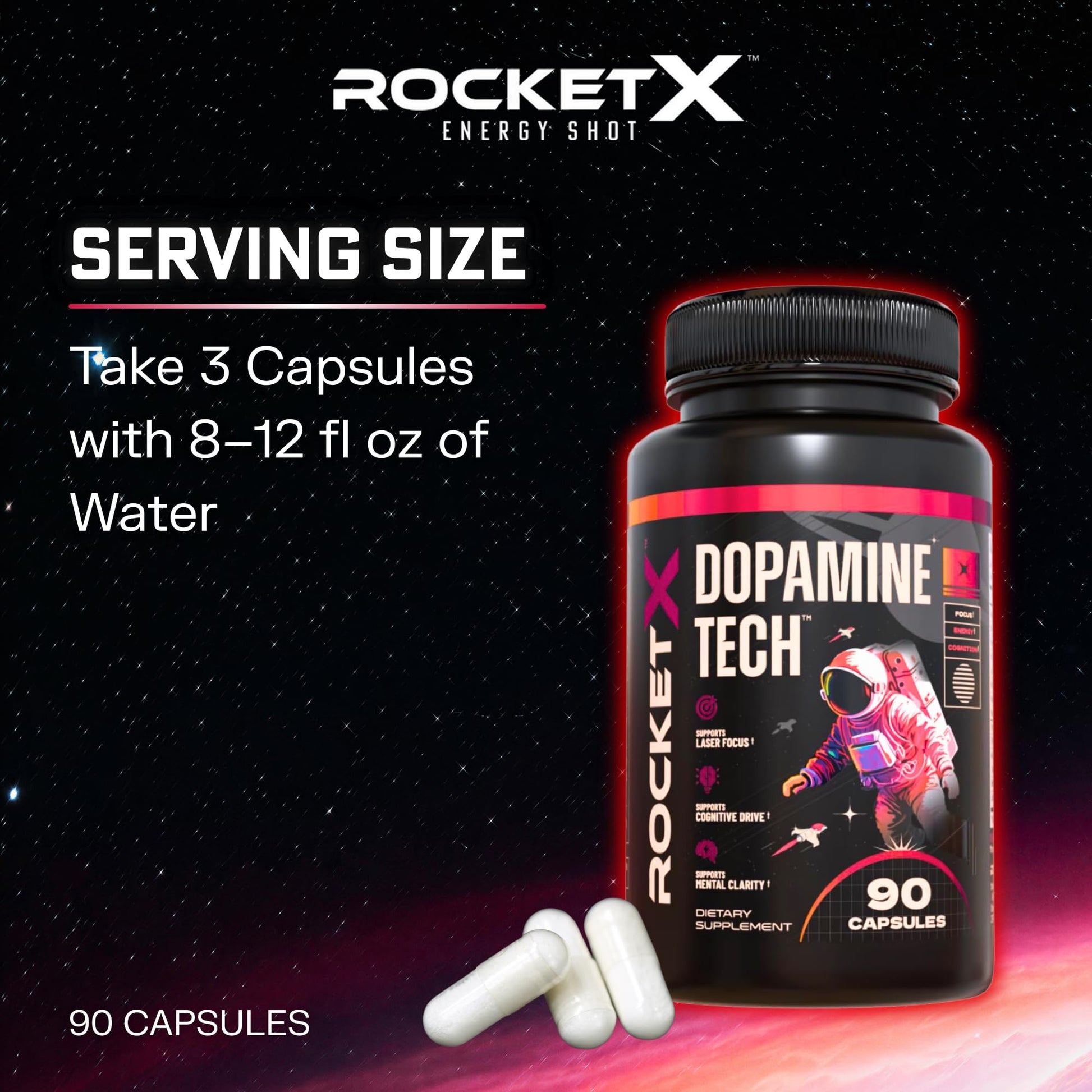 RocketX Dopamine Tech Brain Food Supplement, with L-Tyrosine and B Vitamins for Focus, Mental Clarity and Cognitive Drive, Vegan Capsules, 90 Capsules RocketX EnergyAu supplements