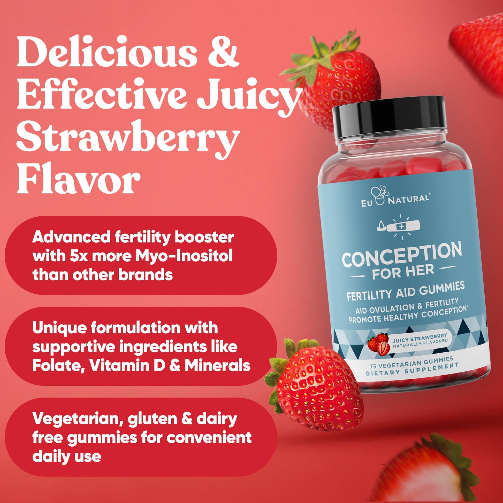 Conception for Her Fertility Gummies - Fertility Supplements for Women with Myo Inositol, Folate & more Essential Nutrients - Delicious Juicy Strawberry Hormone Balance Vitamins, 75 ct Pectin Gummies Eu NaturalAu supplements
