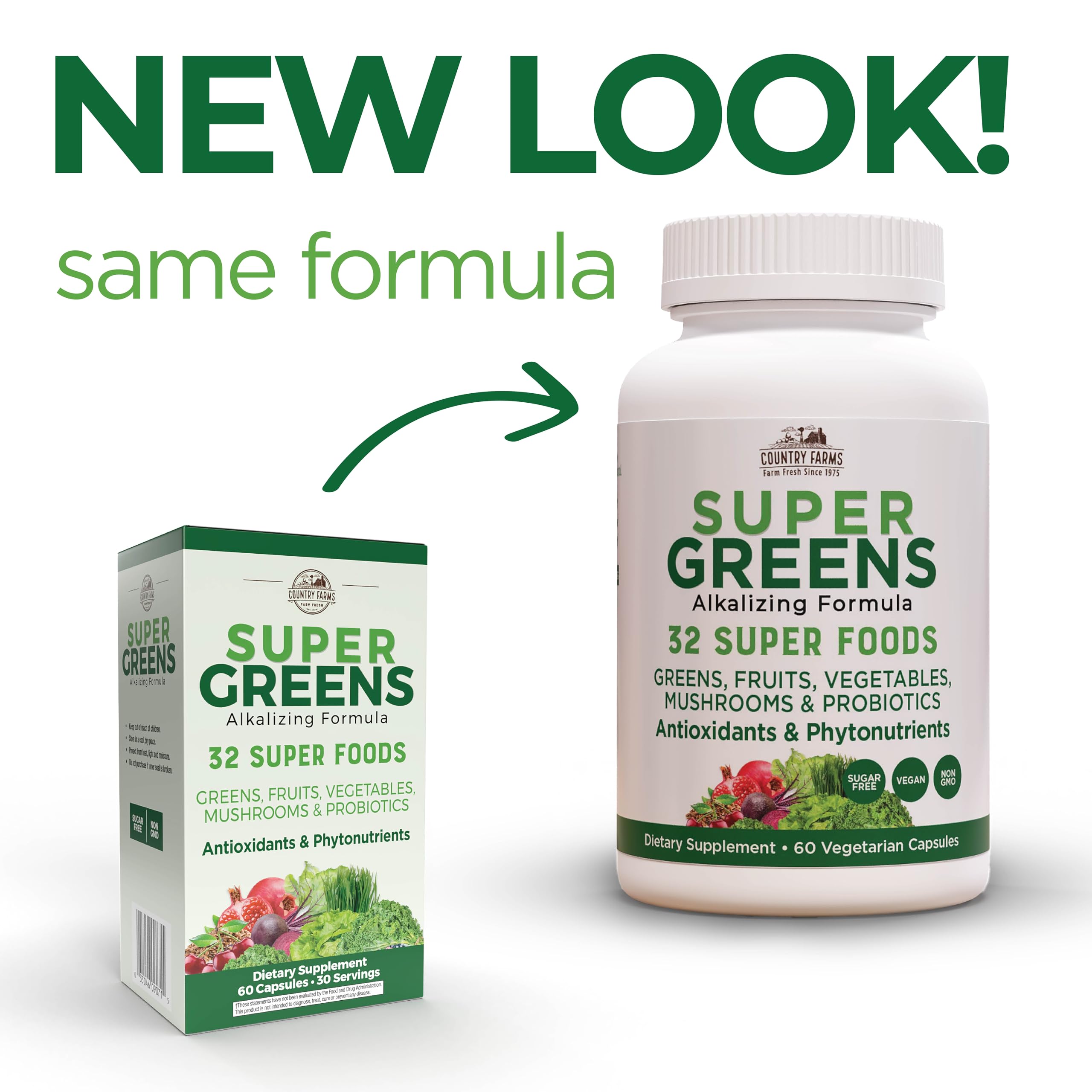 Country Farms Super Greens Vegicaps, 32 Super Foods, Whole Food Supplement, Greens, Fruit, Vegetables, Mushrooms & Probiotics, Rich in Antioxidants & Phytonutrients, 60 Count, 30 Servings Country FarmsAu supplements