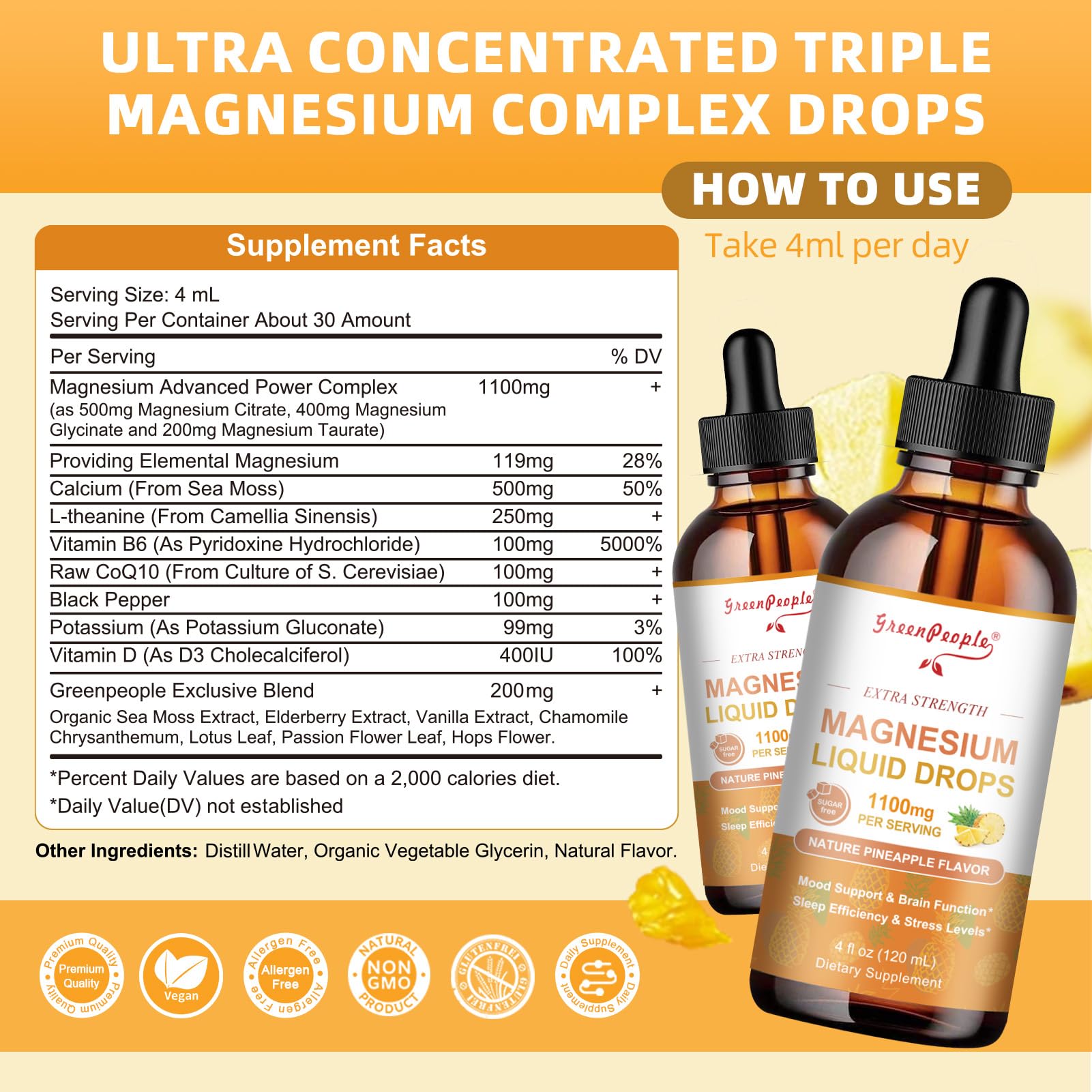 GREENPEOPLE Magnesium Glycinate Liquid Drop - 17-in-1 4Fl. Oz Triple Magnesium Complex Supplement with Glycinate 400mg & Citrate 500mg Taurate/L-Theanine for Calm Mood/Muscle/Sleep,Pineapple Flavor GREENPEOPLEAu supplements