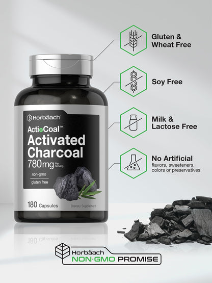 Charcoal Pills 780mg | 180 Capsules | Activated Charcoal from Coconut Shells | Non-GMO HorbäachUS supplements
