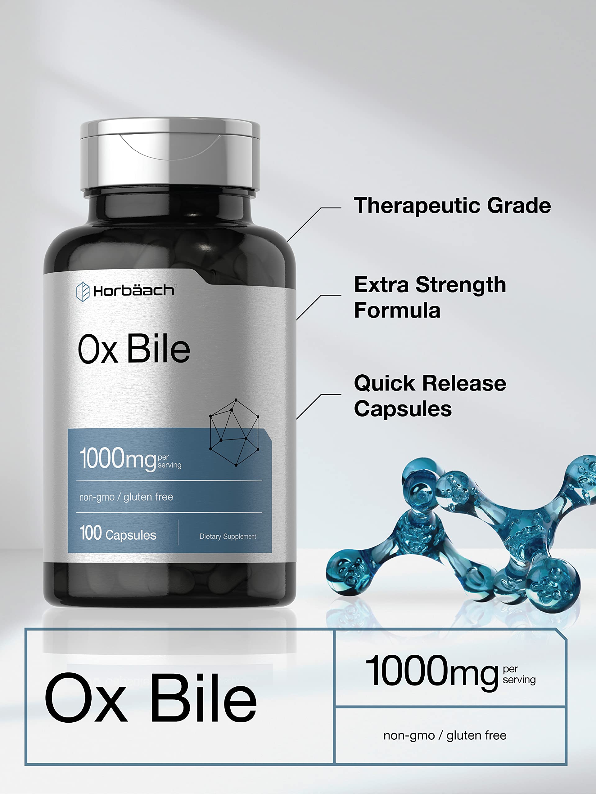 Ox Bile 1000 mg 100 Capsules | Digestive Enzymes Supplement | Non-GMO & Gluten Free HorbäachAu supplements