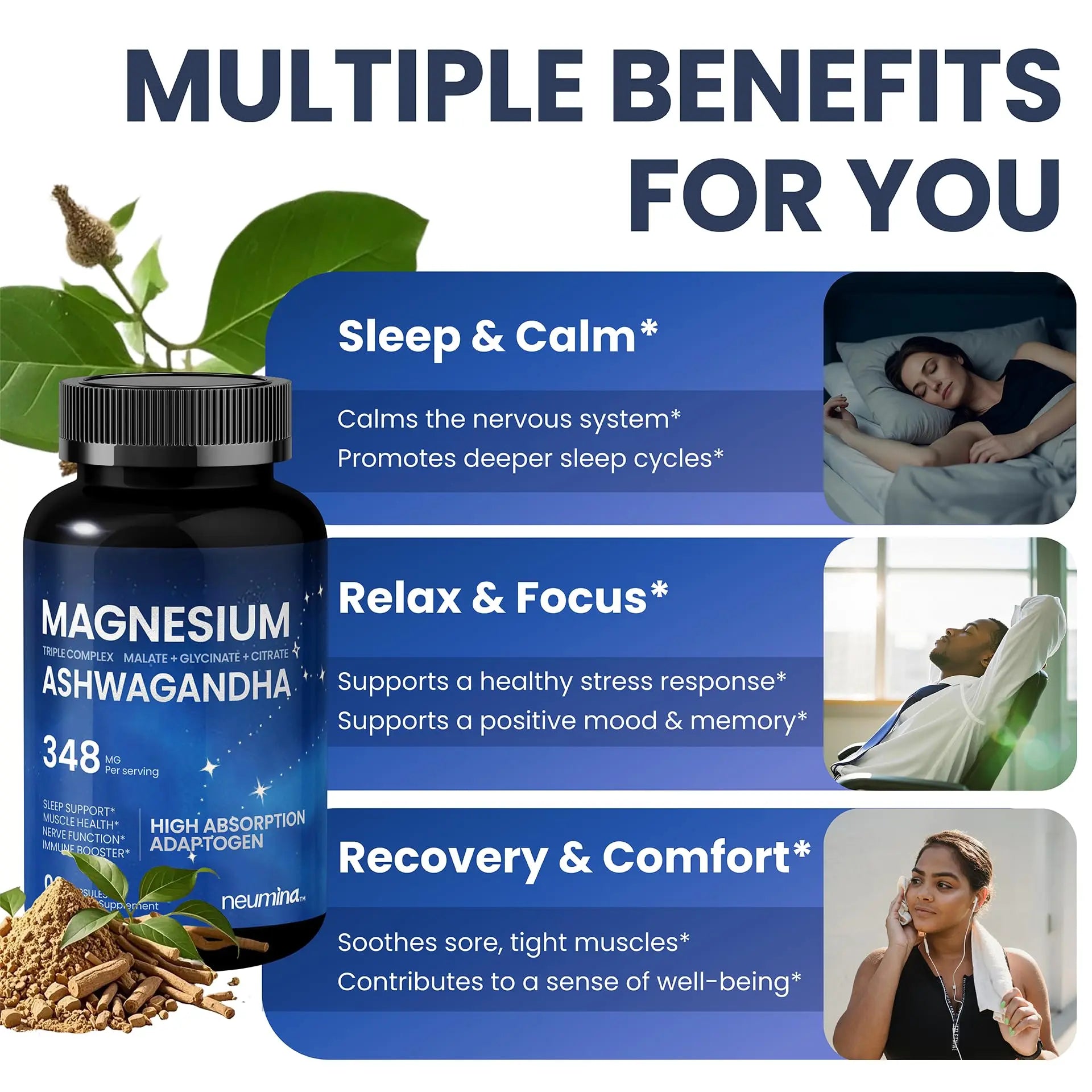 Magnesium Ashwagandha Complex | High-Absorption Multi Magnesium Supports Stress Relief, Sleep, Muscle & Heart Health | Vegan, Non-GMO, Gluten-Free, Made in USA, 90 Capsules((45-Day Supply) NEUMINAnz supplements