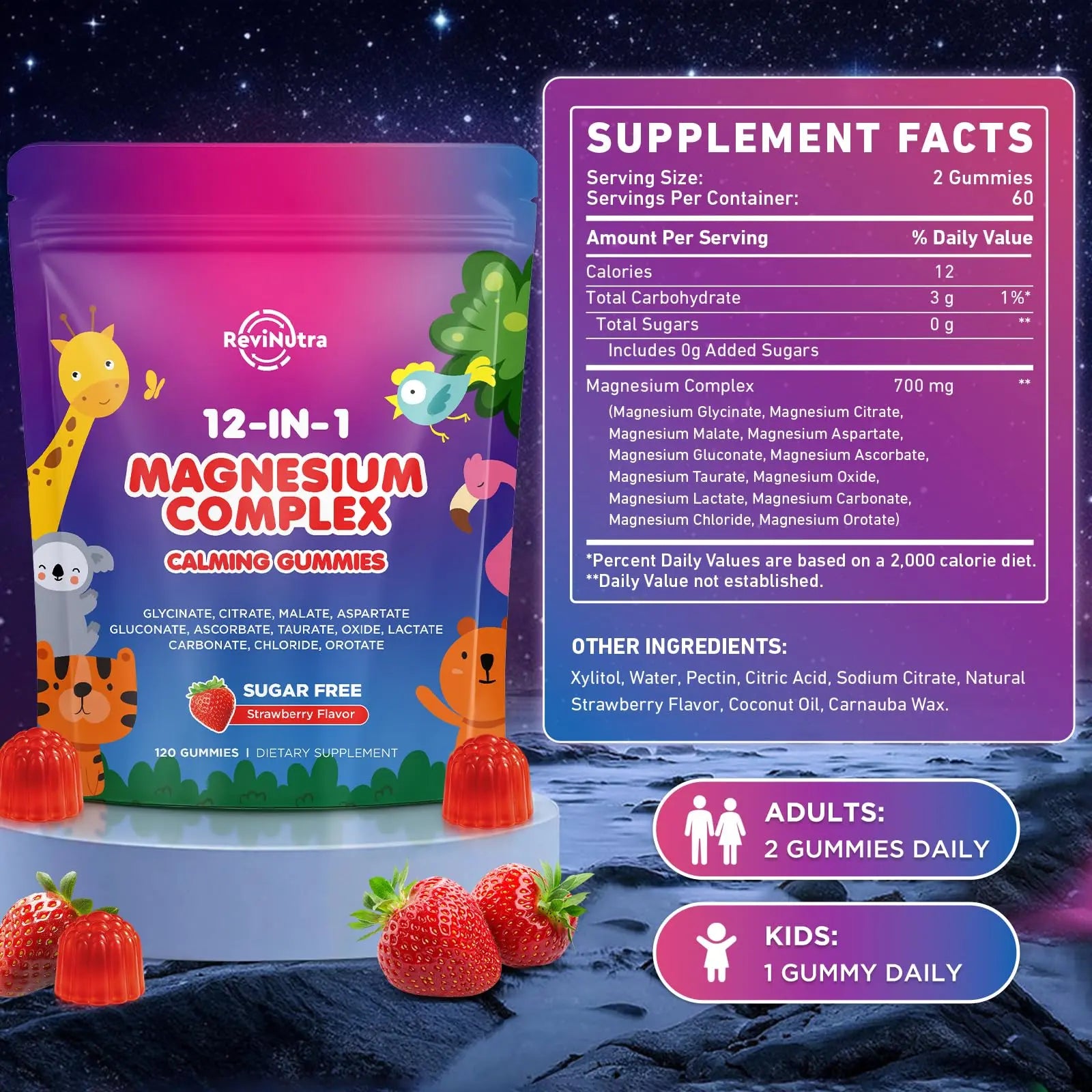 Magnesium Complex 700mg - 12 in 1 Magnesium Gummies with Glycinate, Citrate, Malate, Oxide, Taurate, Aspartate, Orotate - Supports Relaxation, Muscle & Heart - Sugar Free Strawberry 120 Count ReviNutranz supplements