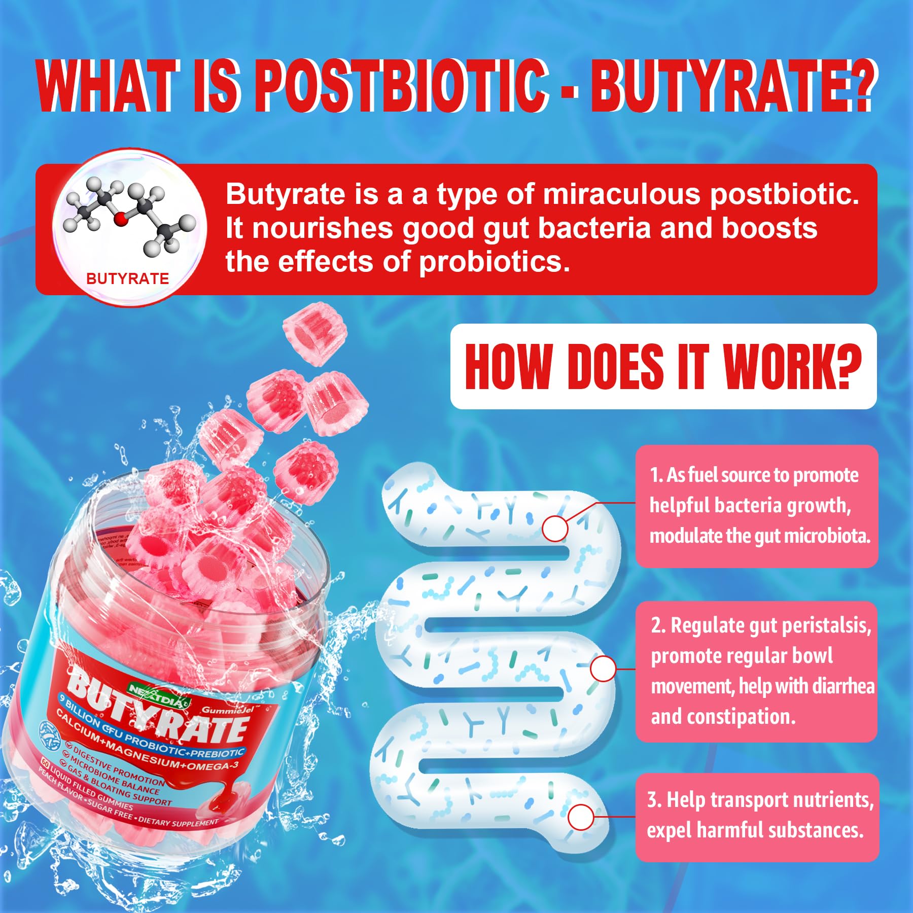 Butyrate Gummies with Probiotic + Prebiotic + Postbiotic, Omega-3 500mg,Fiber with 9 Billion CFU Probiotics, Calcium & Magnesium, Inulin,Psyllium Husk for Digestive Health,Bloating Support,Sugar Free NextdiaAu supplements