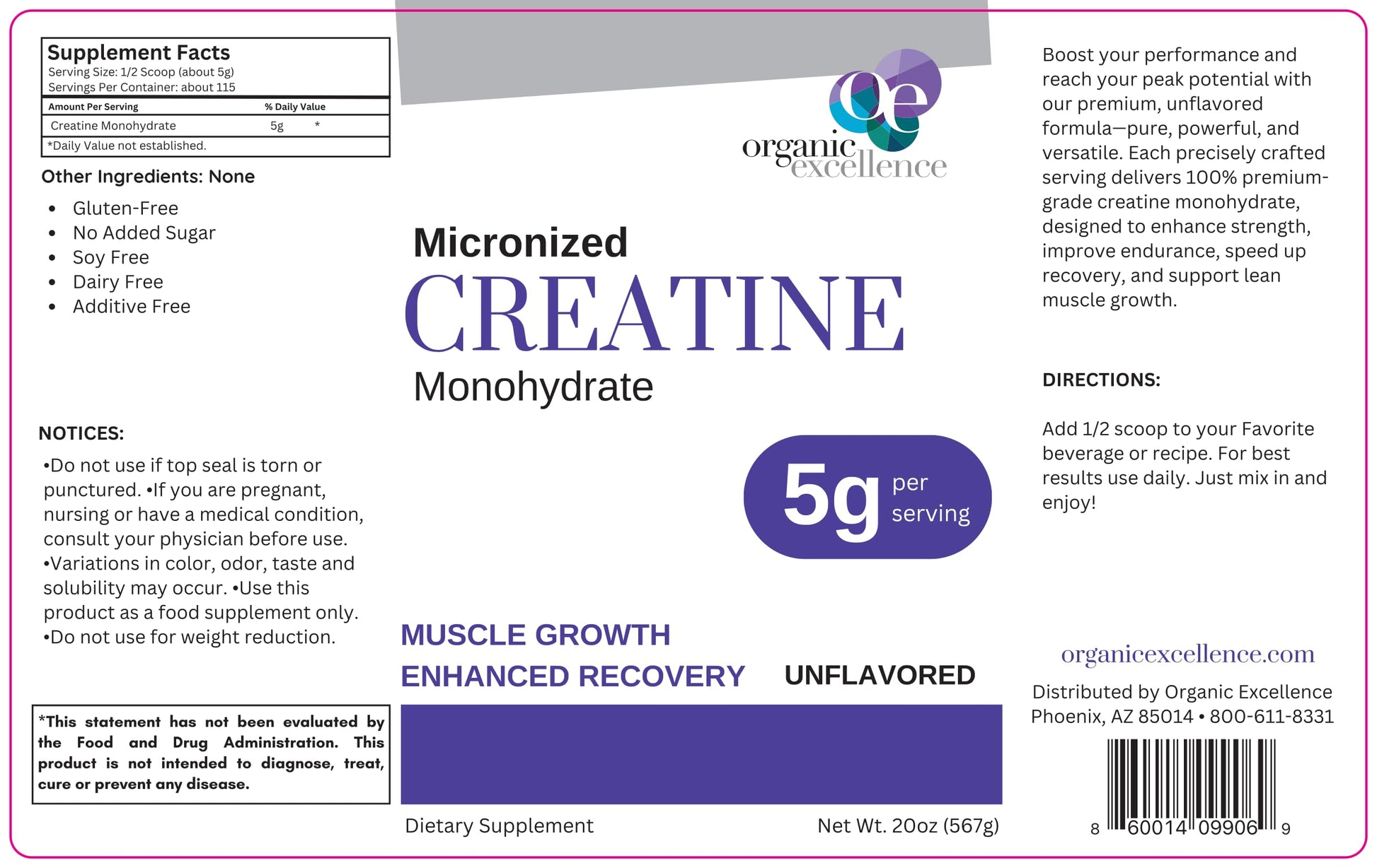 Organic Excellence Creatine Monohydrate – Micronized Creatine Powder for Muscle Growth, Strength & Recovery – Unflavored, 115 Servings Organic ExcellenceAu supplements
