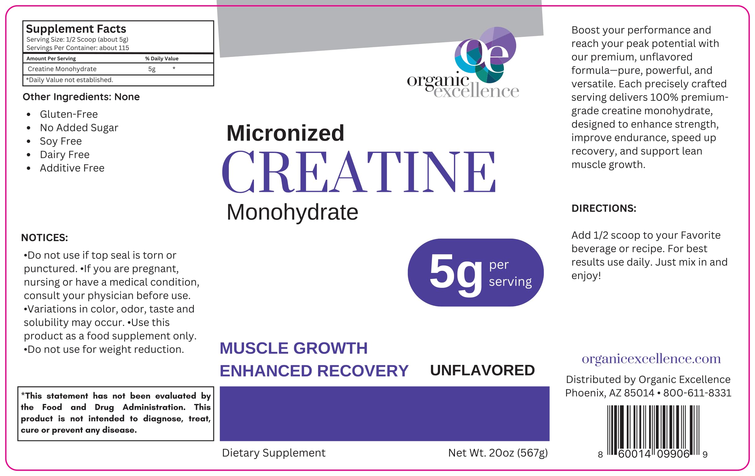 Organic Excellence Creatine Monohydrate – Micronized Creatine Powder for Muscle Growth, Strength & Recovery – Unflavored, 115 Servings Organic ExcellenceAu supplements