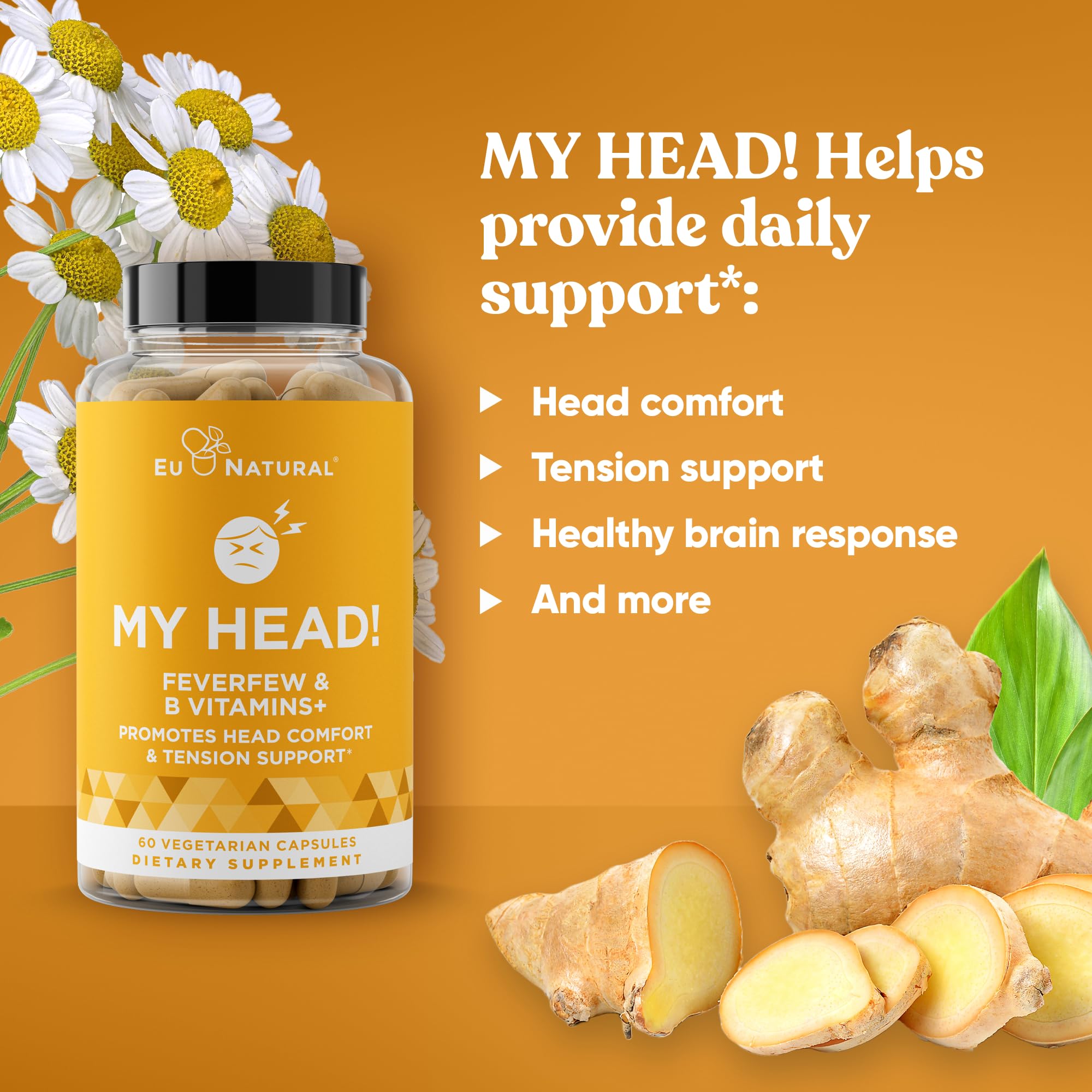My Head! Headache Vitamins – Sensitivity, Tension, Comfort, Healthy Head Function for A Clear Mind – Fast acting Magnesium, Feverfew, Boswellia, Vitamin D, Ginger, & More – 60 Soft Capsules Eu NaturalAu supplements