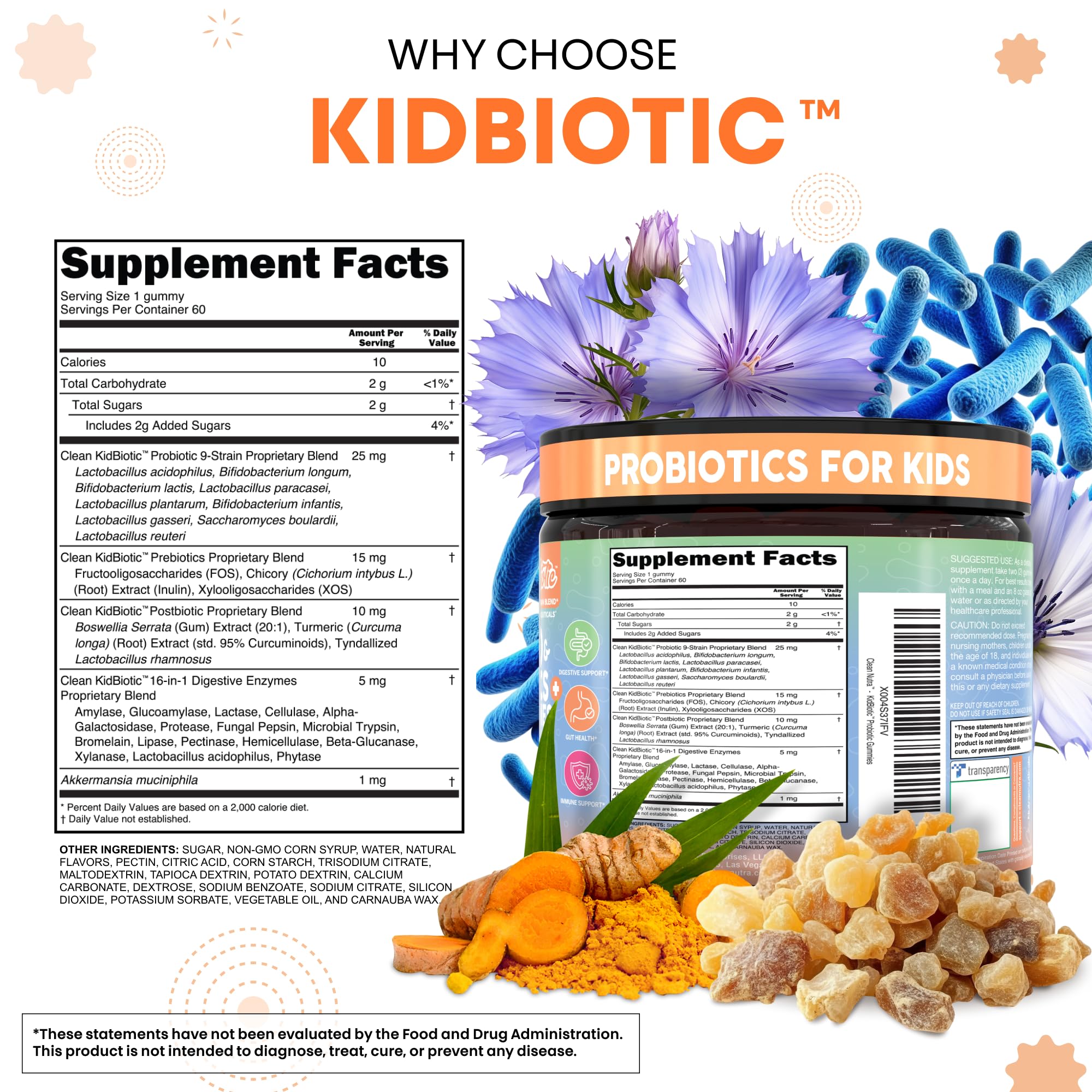 Clean Nutra Kids Probiotics Gummies with Prebiotics, Postbiotics, Digestive Enzymes, Akkermansia, Boswellia Serrata, Turmeric, Chicory – 60 Count – Plant-Based Supplement for Kids – PeachPop Flavor Clean NutraceuticalsAu supplements