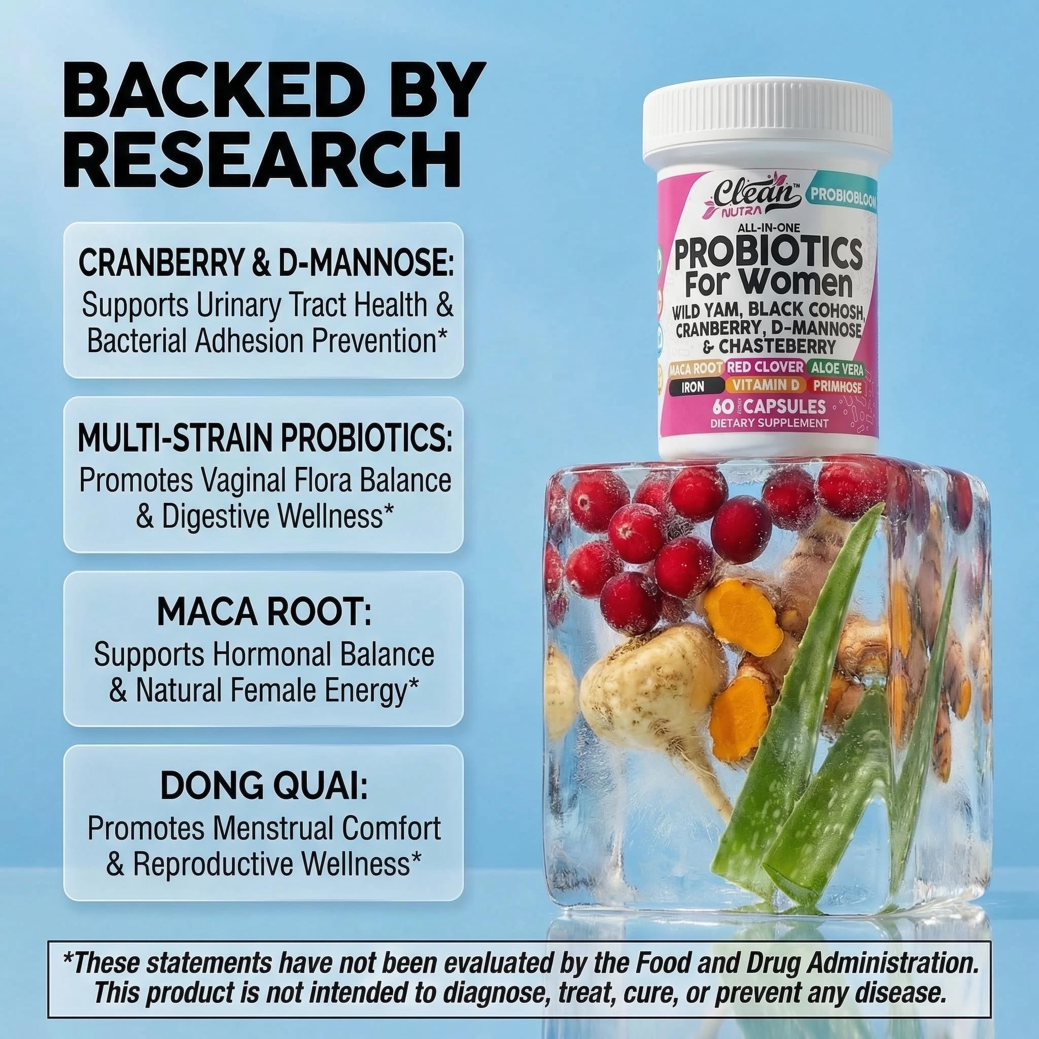 Clean Nutraceuticals Probiotics for Women with D Mannose, Cranberry Extract, Wild Yam, Chasteberry - 20 Probiotic and Prebiotic Strains - PH Balance, Womens Probiotic for Digestive Health - 60 Count Clean NutraceuticalsAu supplements
