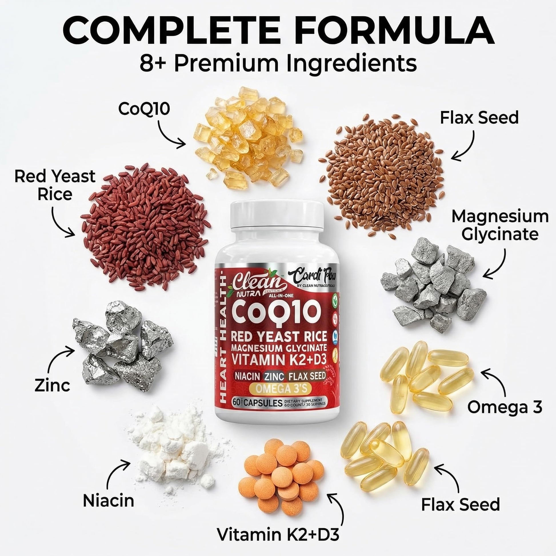 Clean Nutra CoQ10 Red Yeast Rice Magnesium Glycinate Vitamin K2 D3 Niacin Zinc Flax Seed Omega 3 Capsules 60 Count All in One Formula Premium Ingredients Dietary Supplement Clean NutraceuticalsAu supplements