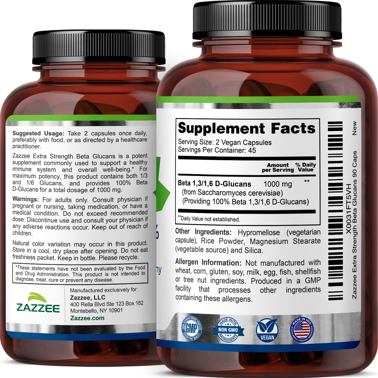 Zazzee Extra Strength 1,3/1,6 Beta Glucans, 1000 mg, 100% Concentrated, 90 Vegan Capsules, Supports a Healthy Immune System, 100% Vegetarian, All-Natural and Non-GMO ZazzeeAu supplements