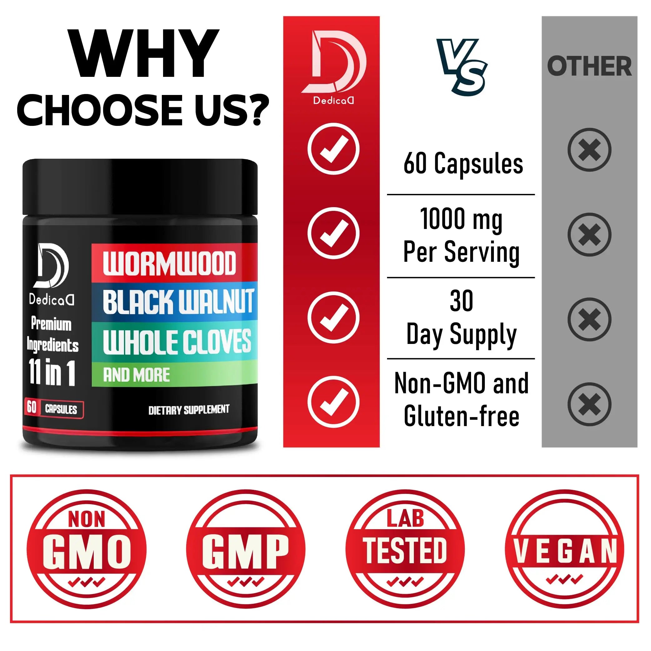 DEDICAD Wormwood Capsules Supplement - Extracted from Black Walnut, Cloves, Turmeric, Apple, Berberine HCl & More - 11 Ingredients Combined for Immune System, Body Management - 60 Capsules DEDICADnz supplements
