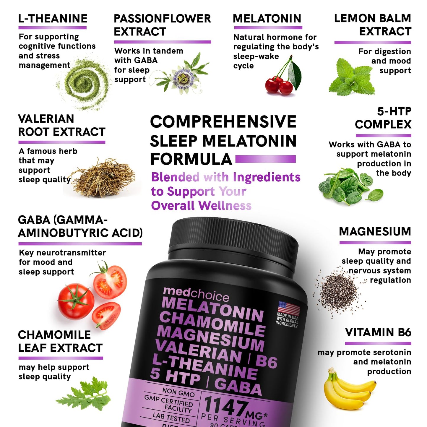 10-in-1 Melatonin Capsules - Melatonin 5mg Natural Sleep Aid for Adults MEDCHOICEUS supplements