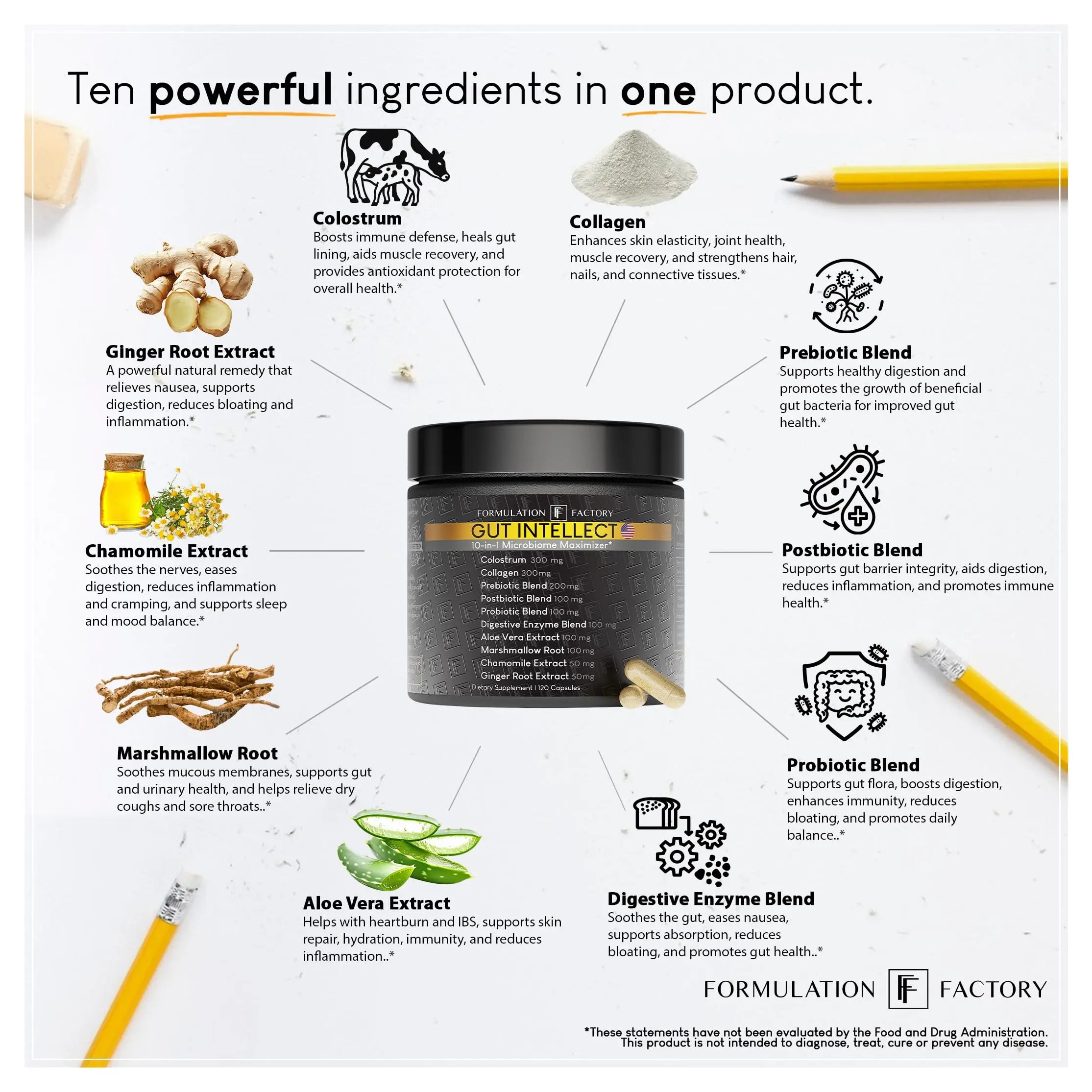 Formulation Factory Probiotics for Women & Men - Gut Intellect 10-in-1 Digestive Enzymes with Prebiotics and Postbiotics - Total Gut Health Supplement - 120 Capsules, 2 Month Supply Formulation Factorynz supplements