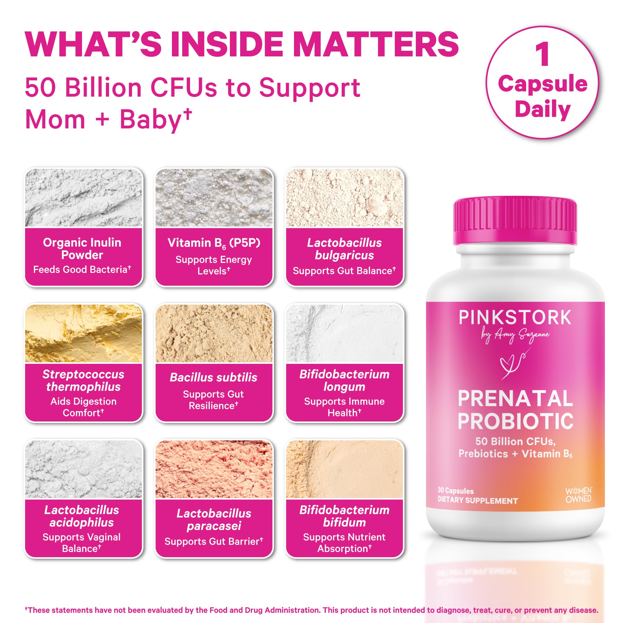 Pink Stork Prenatal Probiotic for Women with 50 Billion CFU | Vitamin B6 & Prebiotics | Pregnancy Probiotics for Morning Sickness | Digestive, Immune, & Gut Health | Vegan & Gluten-Free | 30 Capsules Pink StorkAu supplements