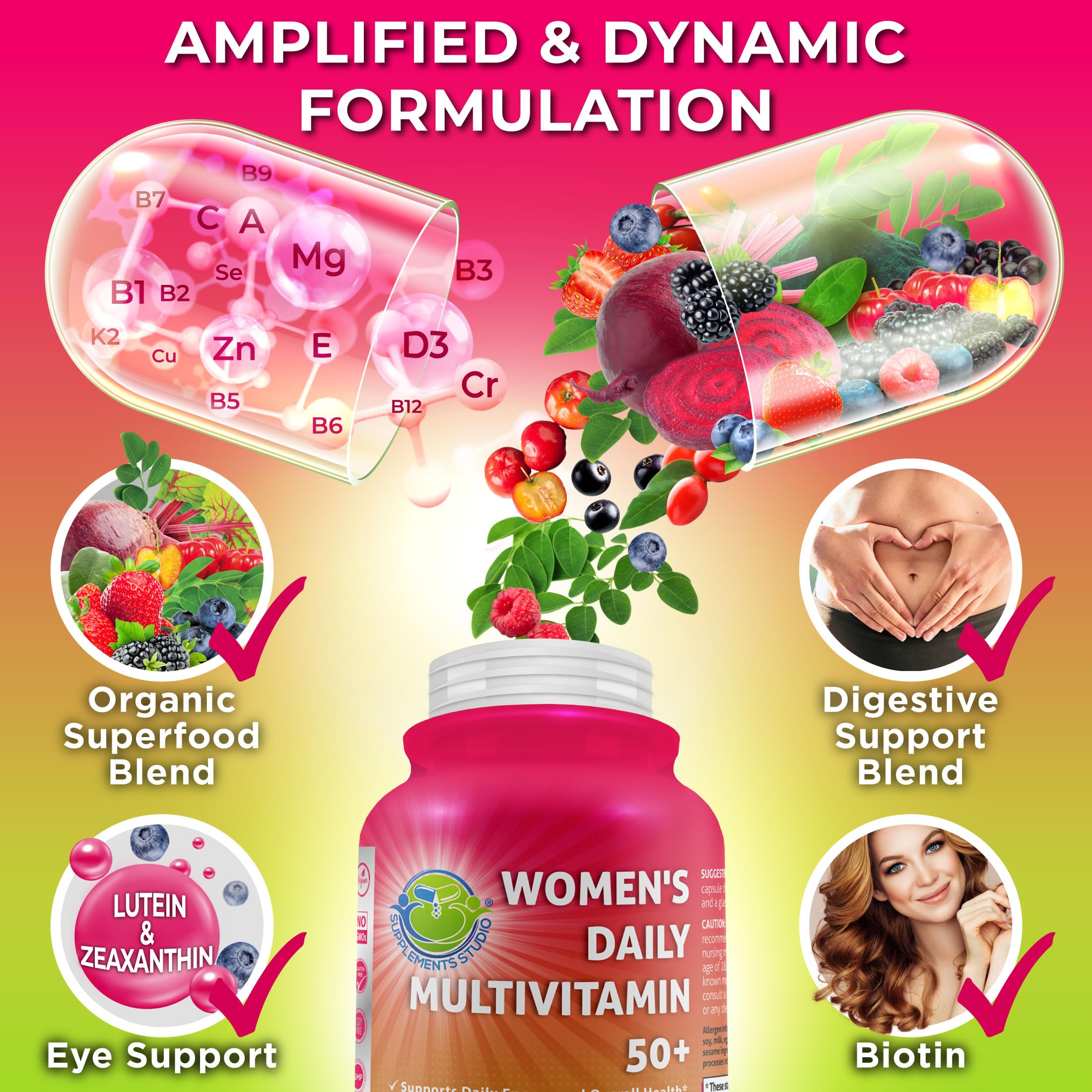 Women's Daily Multivitamin 50 Plus - Vegan Methylated Multivitamin for Women 50 and Over with Biotin, Organic Superfoods & Lutein SUPPLEMENTS STUDIOAu supplements