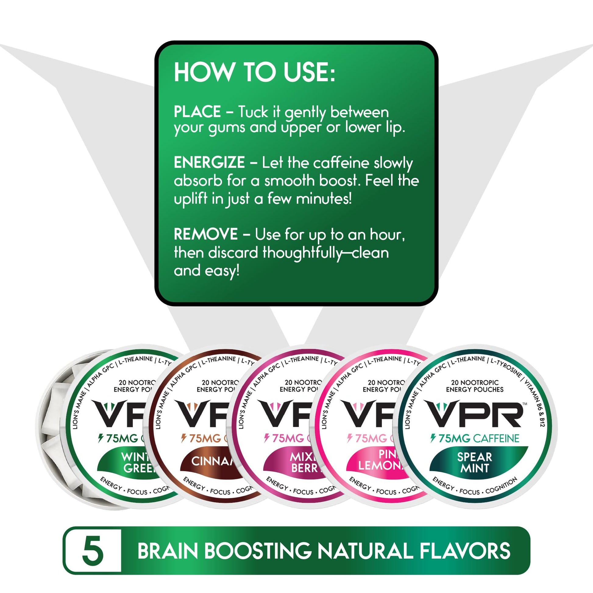 VPR 75MG Caffeine Nootropic Pouches | 20 Count Energy Pouches with Lion's Mane, Alpha-GPC, Vitamin B6 & B12, L-Theanine, and L-Tyrosine | Naturally Flavored Focus Pouches with No Sugar (Variety Pack) VPR EnergyAu supplements
