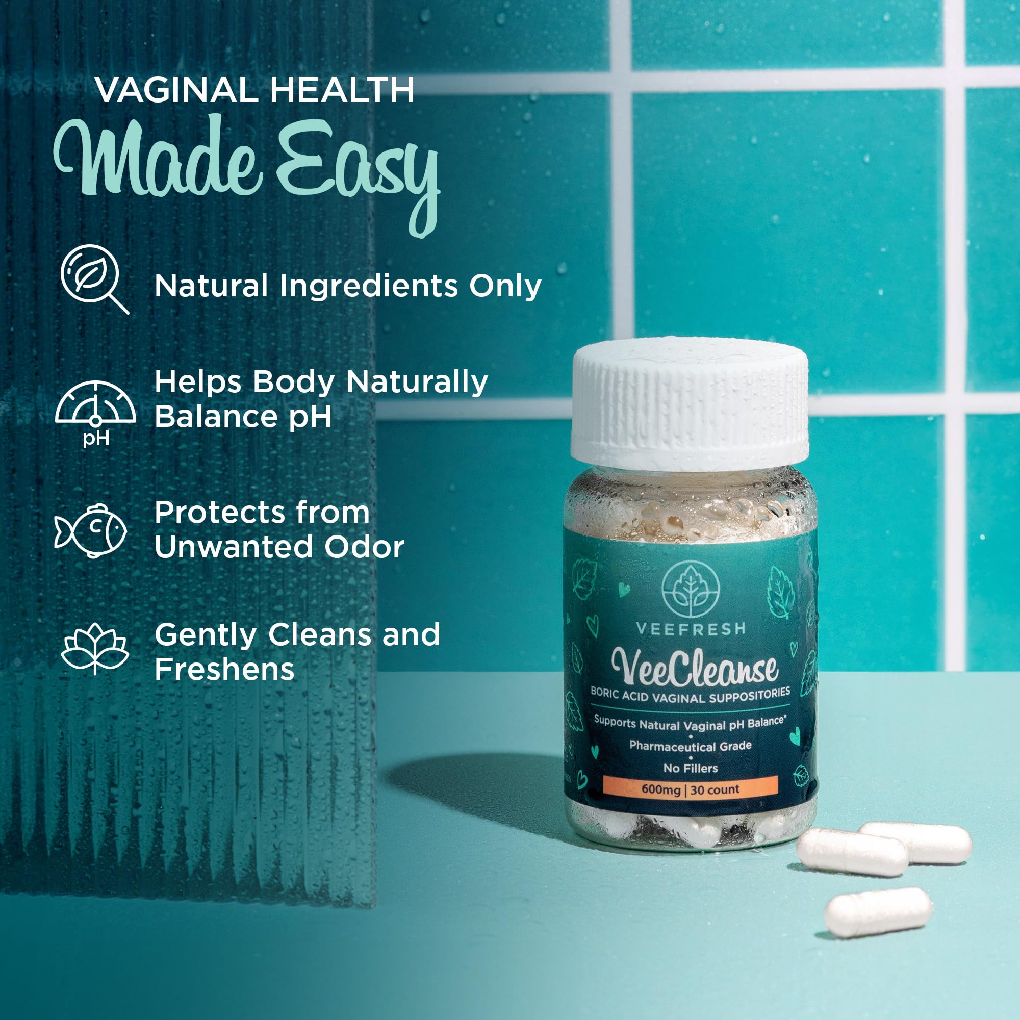 VeeFresh - VeeCleanse Boric Acid Vaginal Suppositories - Vaginal pH Balance Suppositories - Vaginal Odor Control - Feel Fresh, Feminine and Confident VeeFreshUS supplements