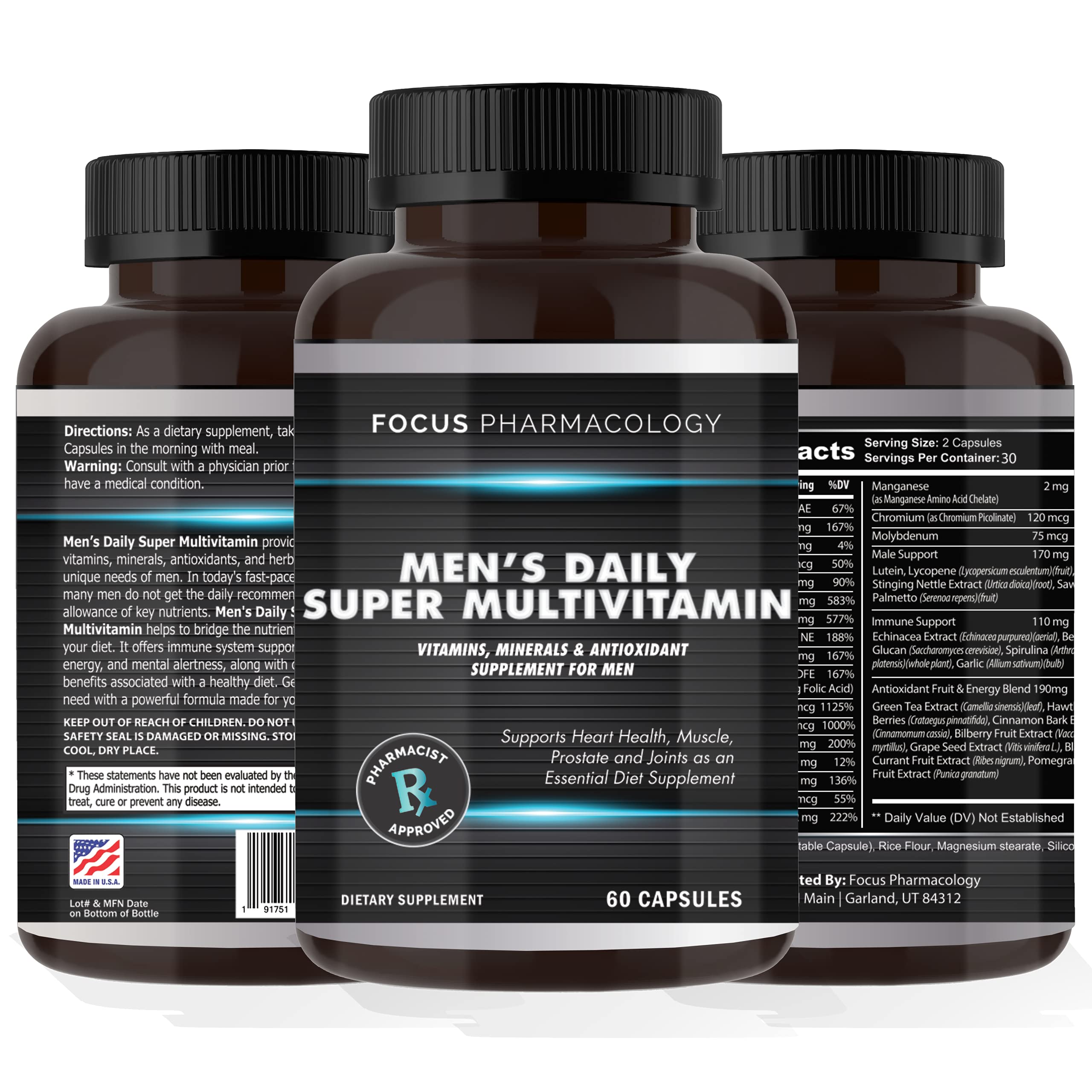 Focus Pharmacology Men's Daily Super Multi-Vitamin for Men - 60 Ct Blend of Vitamins, Minerals, Plus Herbs for Prostate Health and General Energy/Focus Focus PharmacologyAu supplements