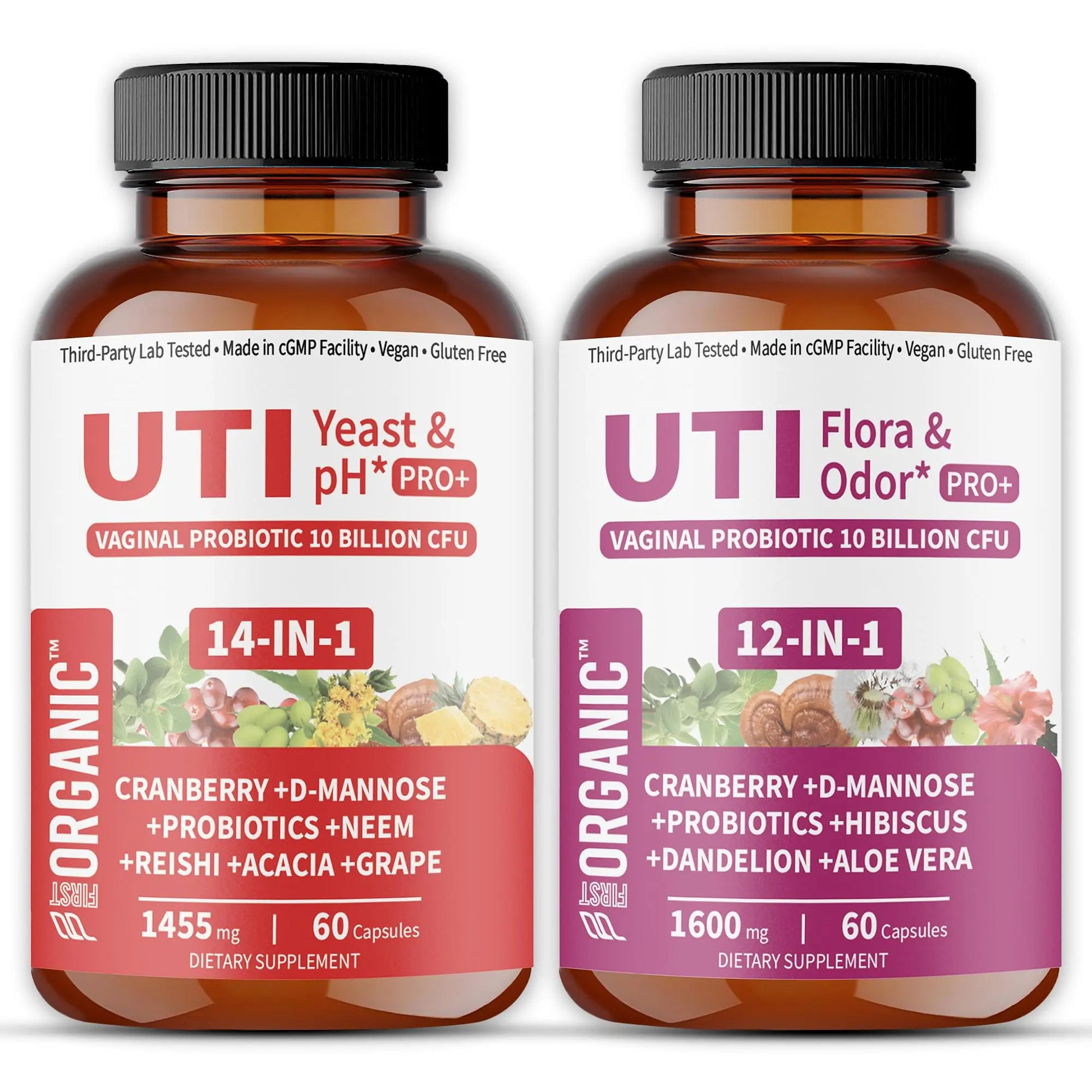 UTI Flora & Odor Pro+ & UTI Yeast & pH Pro+ | Pack of 2 | Vaginal Probiotics for Feminine Hydration & Freshness Support | Third-party Tested, cGMP Facility, Vegan, Non-GMO, Gluten-Free | 60+60 Caps FIRSTORGANICAu supplements