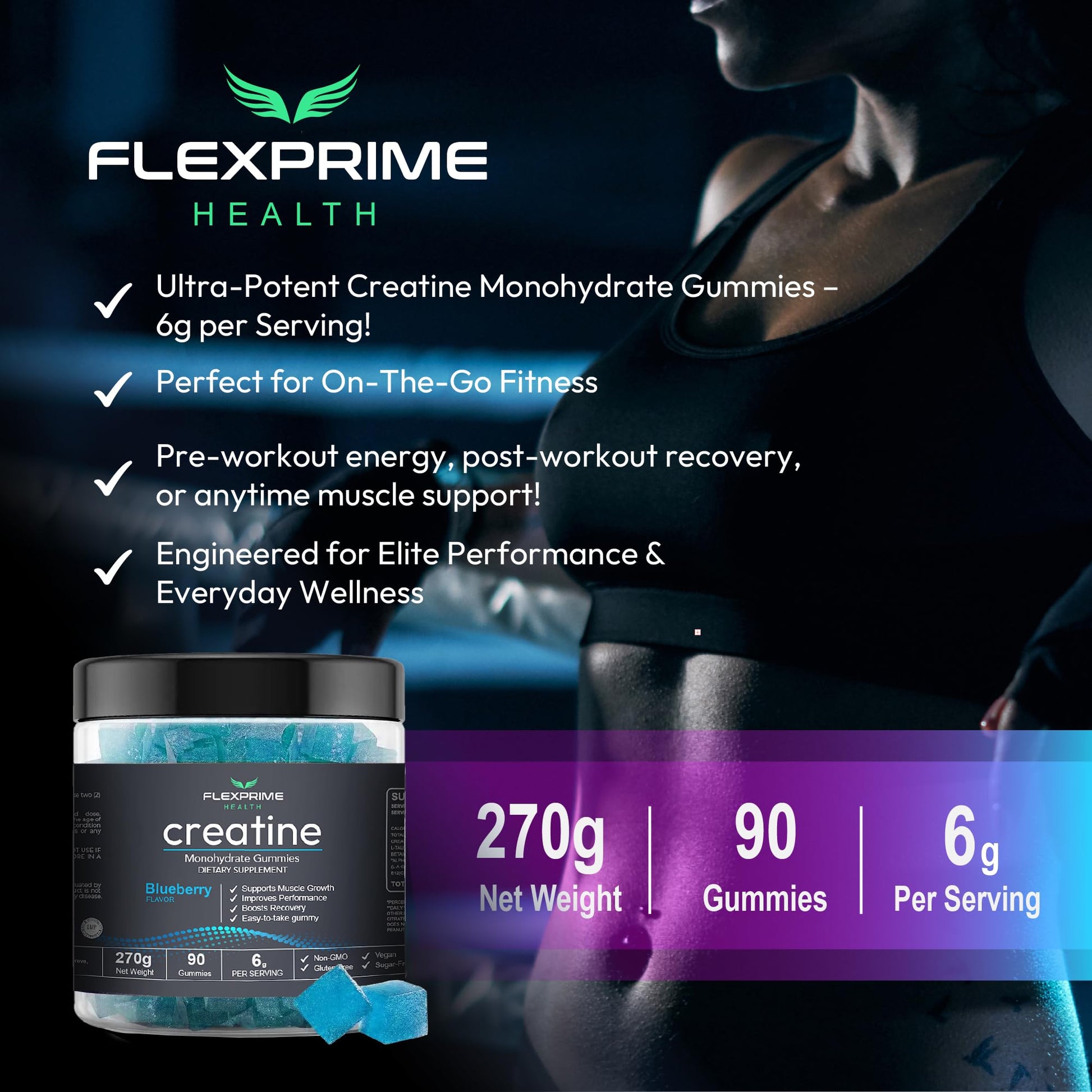 FlexPrime Creatine Gummies Sugar Free - 6g Creatine Monohydrate + L-Taurine, Alpha GPC, Betaine | Vegan Halal Blueberry Chews for Lean Muscle, Strength, Brain Health | Men Women 90 Count FlexPrimeAu supplements