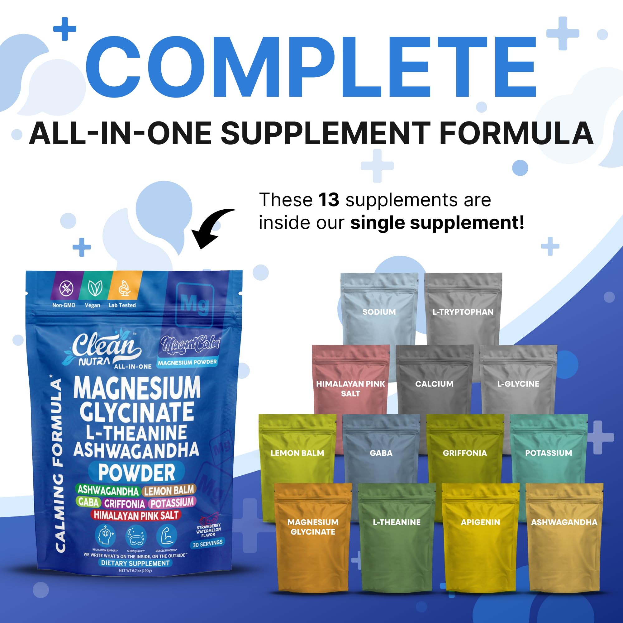 Magnesium Glycinate Powder Supplement + L Theanine Ashwagandha Glycine Apigenin Lemon Balm GABA 5HTP Pink Salt Potassium L Tryptophan Calcium | Powdered Sleep Aid Calm Trace Minerals Vitamin Clean NutraceuticalsAu supplements