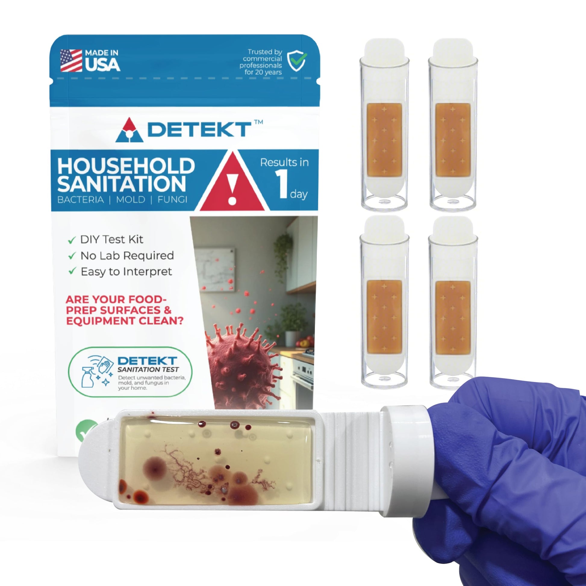 #1 Home, Kitchen, & Appliance Microbial Growth Test Kit – Simple DIY Screening for Bacteria, Mold, & Fungus – Know Your Home is Clean – Made in USA (1 Kit = 4 Bac + 4 Mold Tests) DetektAu supplements
