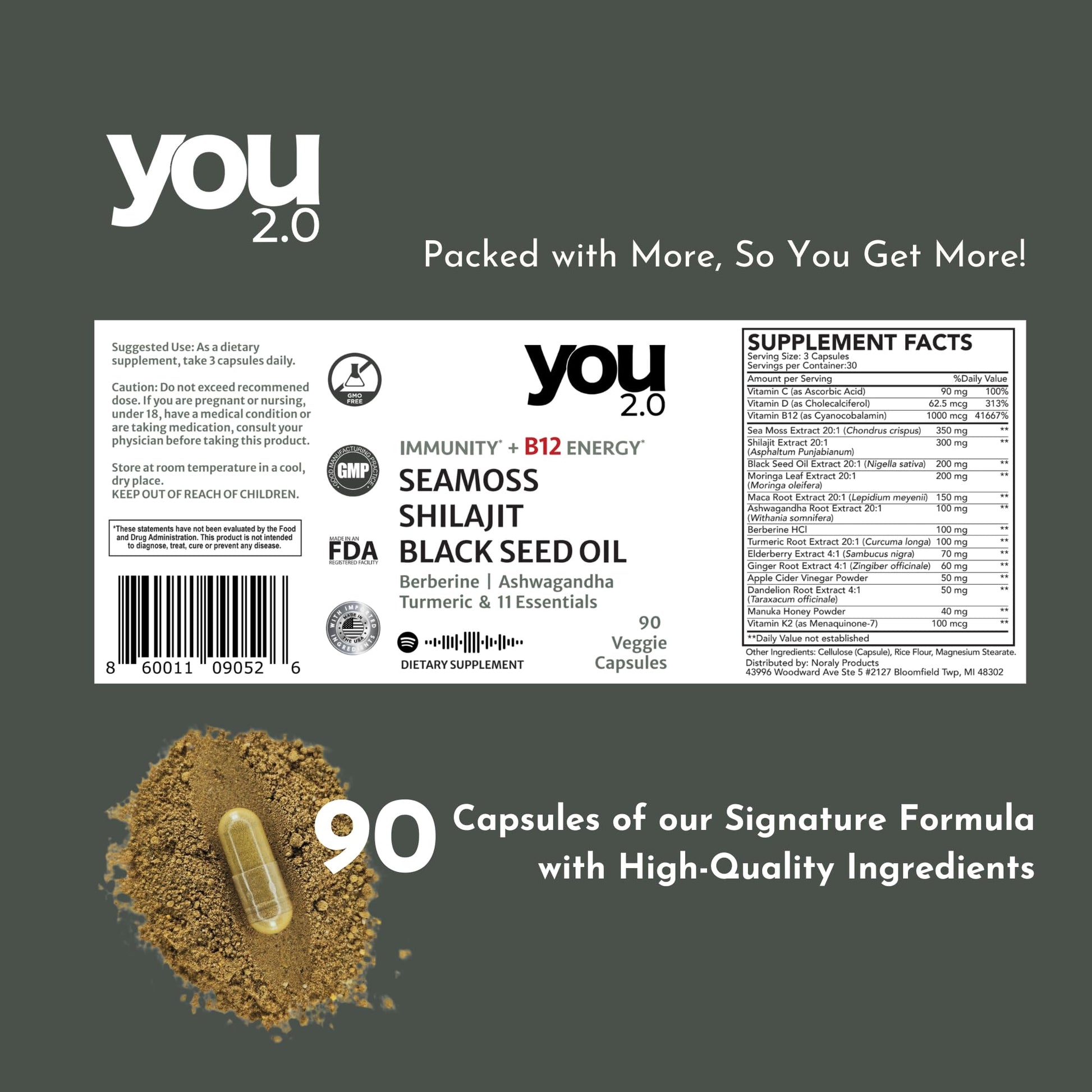 YOU 2.0 Powerhouse Superfood with Seamoss, Shilajit, Ashwagandha, Berberine, Maca, Black Seed Oil, Turmeric, Vitamin C, D, B12, K2 - Moringa, Apple Cider, Made in USA for Overall Health & Immunity YOU 2.0Au supplements