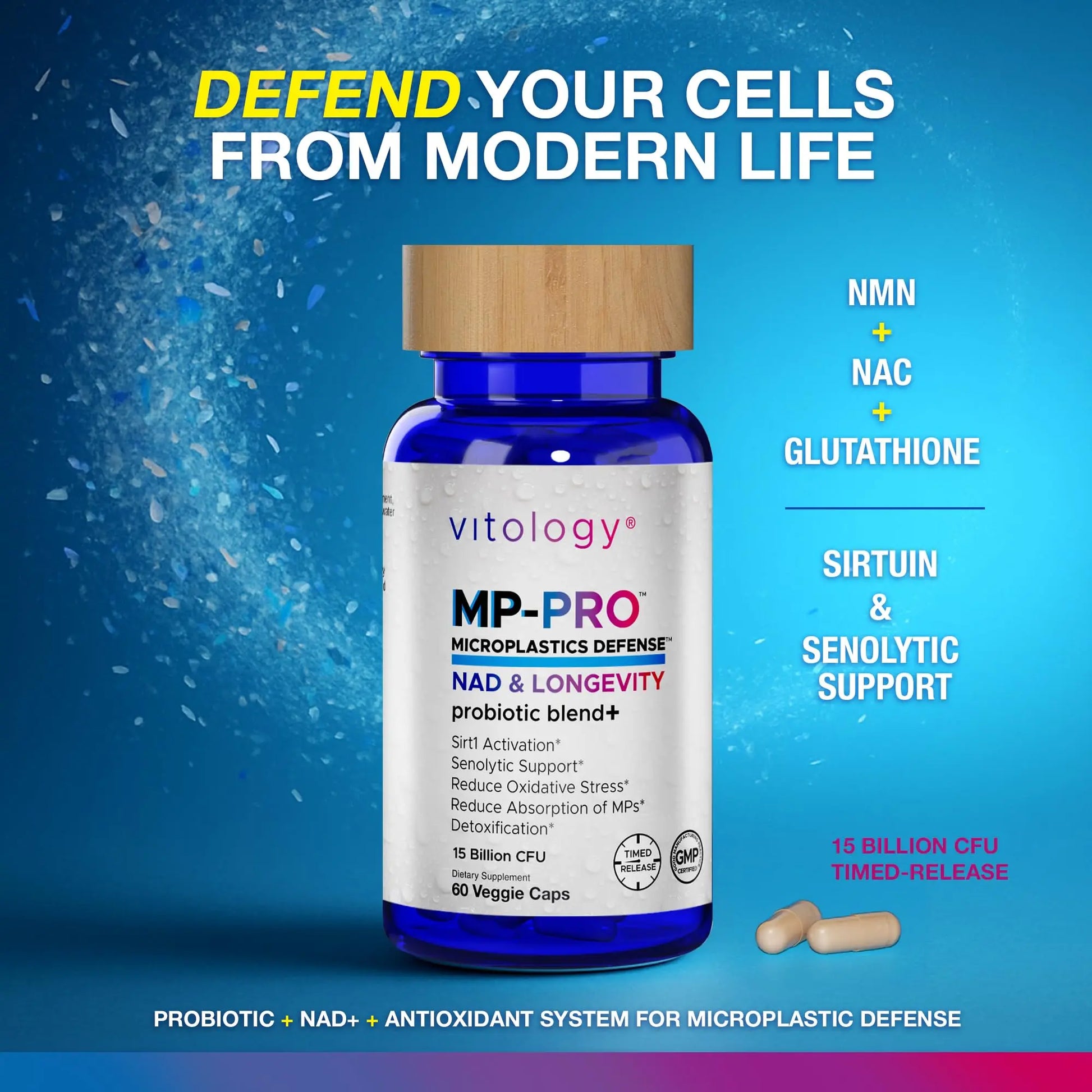 Vitology MP-PRO Microplastics Defense | 15 Billion CFU Probiotic + Antioxidant Blend | NMN, NAC, Glutathione, Resveratrol & Charcoal | Supports Cellular Detox, Longevity & Gut Health – 60 Capsules VitologyAu supplements
