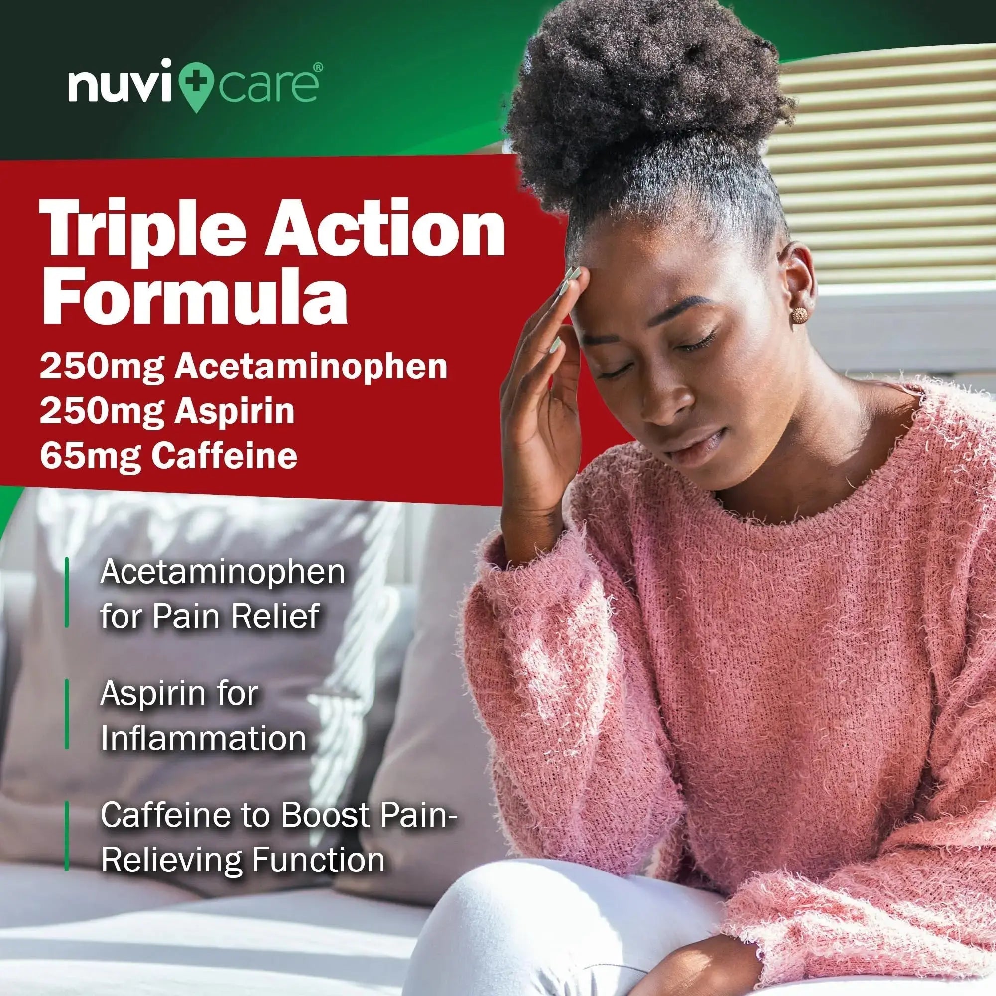 NUVICARE Headache Relief with Acetaminophen 250 mg, Aspirin (NSAID) 250 mg, Caffeine 65 mg - Temporary Relief of Minor Aches & Pains - Compare to Excedrin Extra Strength Pain Reliever (2 Pack) NUVICAREAu supplements